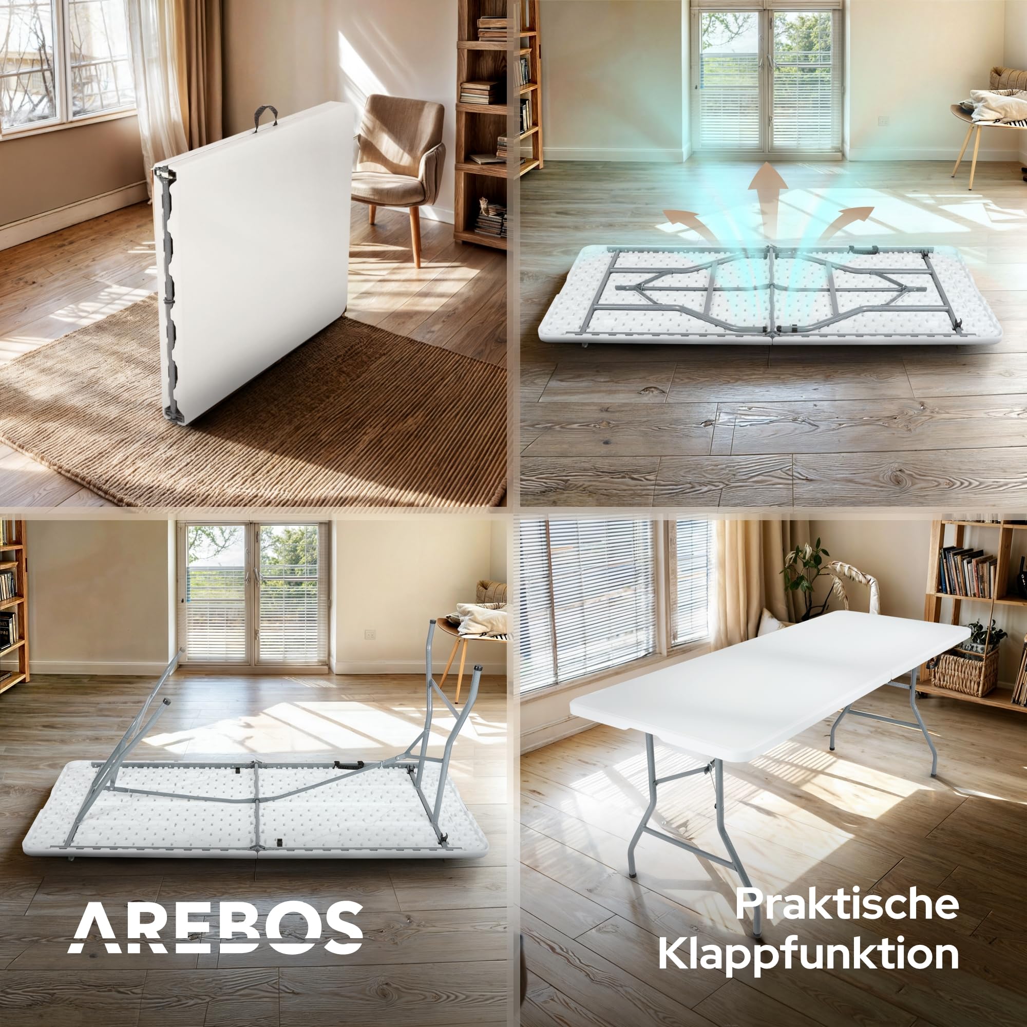 Arebos Buffettisch zusammenklappbar 182 x 74 x 74 cm Wetterfest Gartentisch Partytisch Klapptisch für Garten Terrasse und Balkon | 8 Personen | Campingtisch mit Tragegriff | Weiß