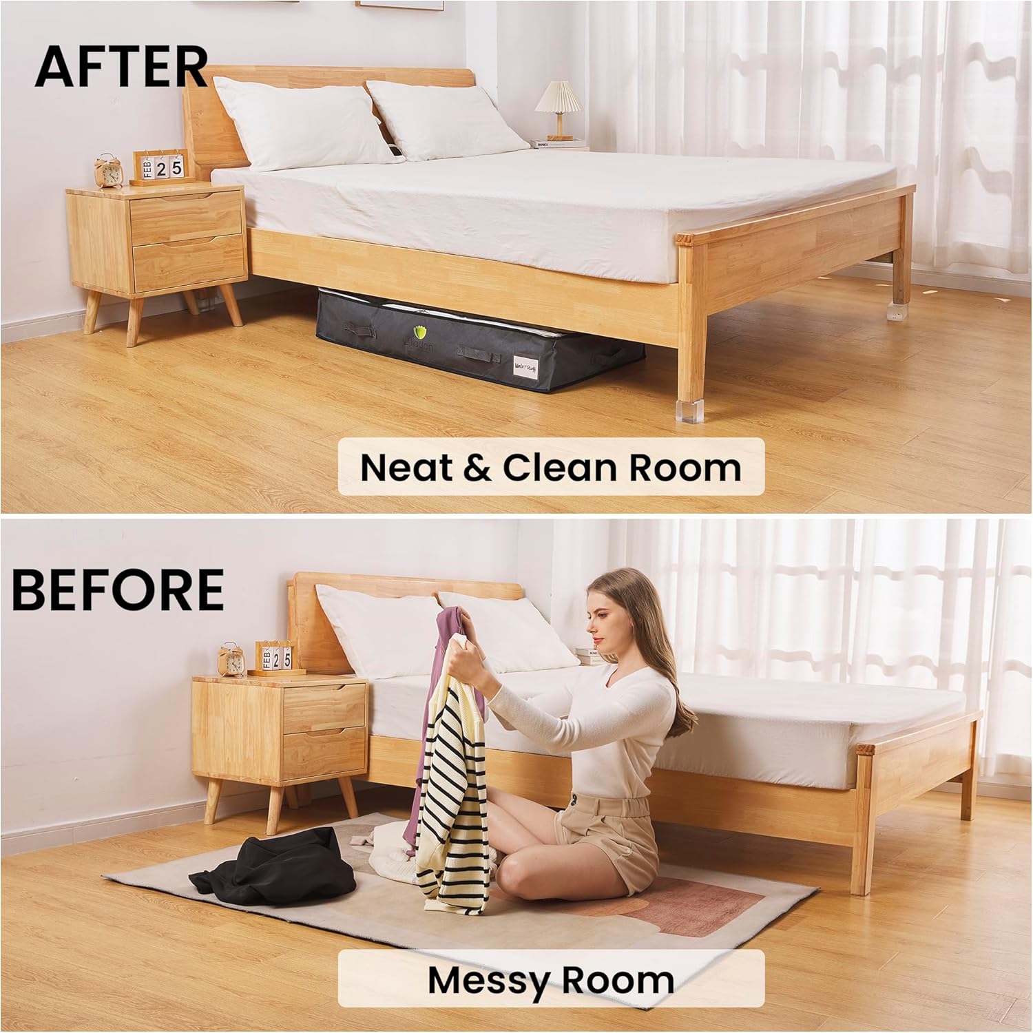 Title: Liliadon Lightweight Linen Underbed Storage Bags (6-Pack) - Gift Set! 4 Large (90L) + 2 Medium (40L) - Foldable Closet Organizers for Clothes & Bedding