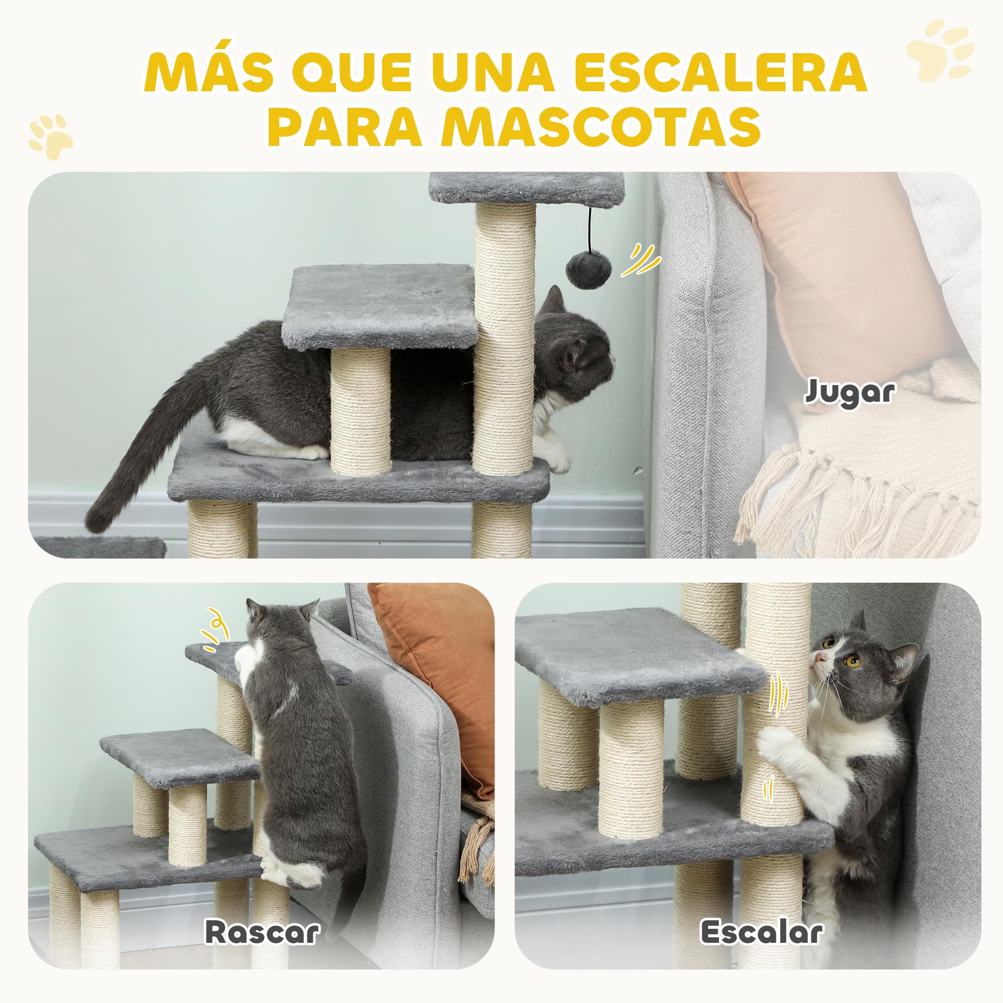 PawHut Escalera para Mascotas Ajustable de 3/4 Peldaños, Escalera para Gatos con Postes Rascadores y Bola Colgante, para Alféizares, Sofá y Cama, Gris