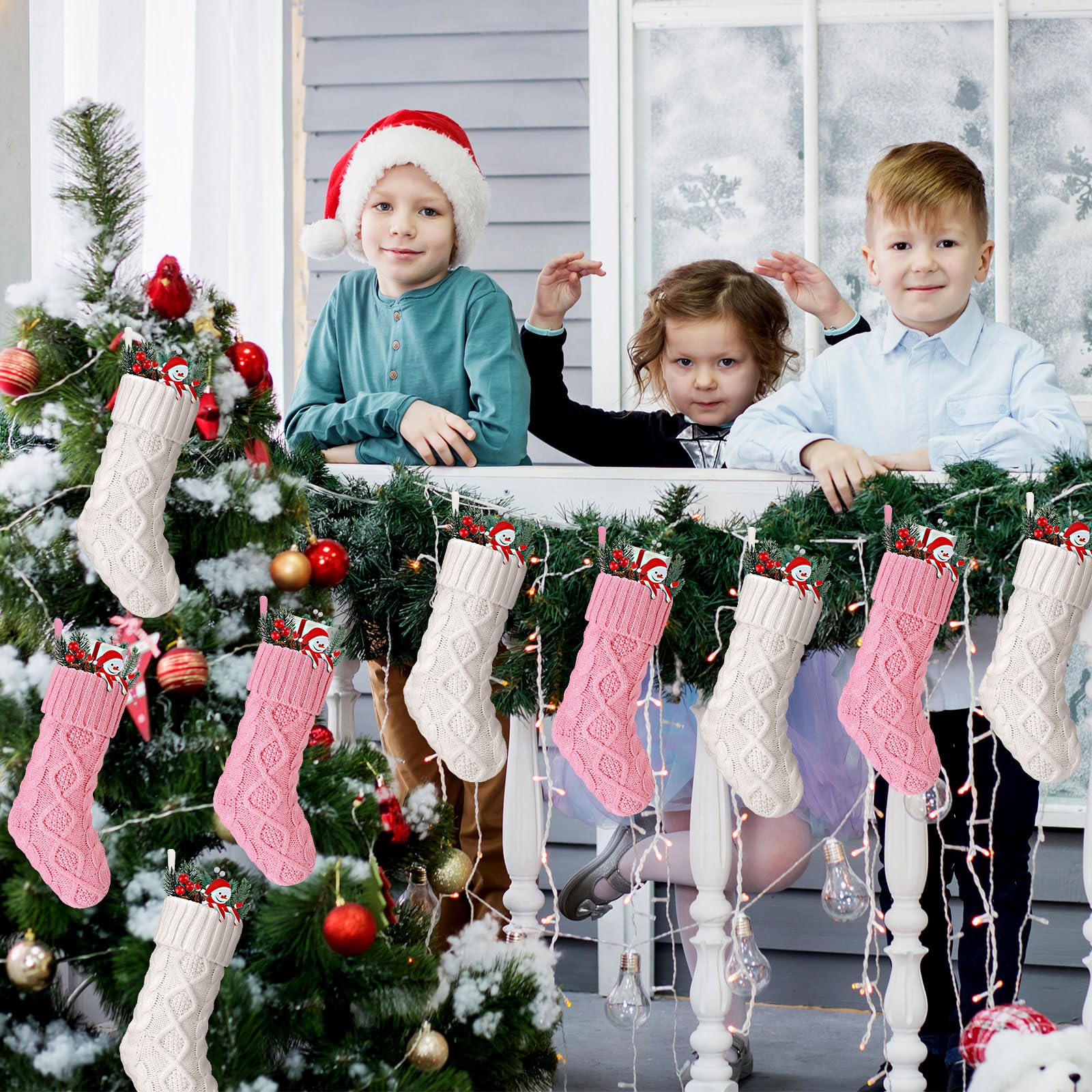 Mini chaussettes de Noël tricotées de 21,6 cm - Mini chaussettes de Noël vintage rustiques double face à suspendre pour cheminée - Pour Noël en famille (style classique, rose, blanc)