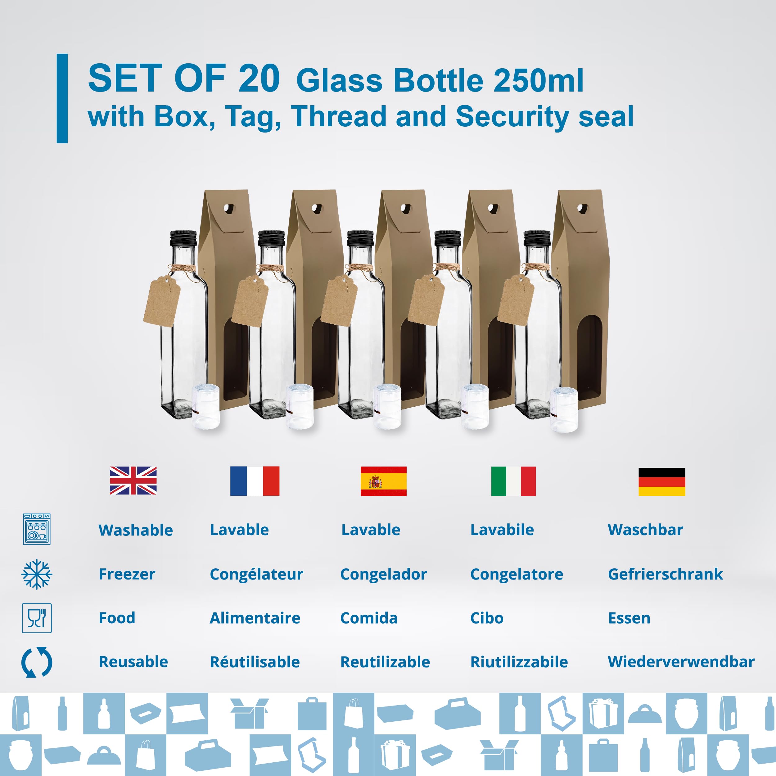 Espirito Rebelde 20 Bottiglie in Vetro 250ml con Tappo a Vite Nero + 20 Scatole + 20 Sigilli + 20 Etichette Kraft + Corda | Olio d'Oliva, Aceto, Alcool, Salse | Oliera in Vetro