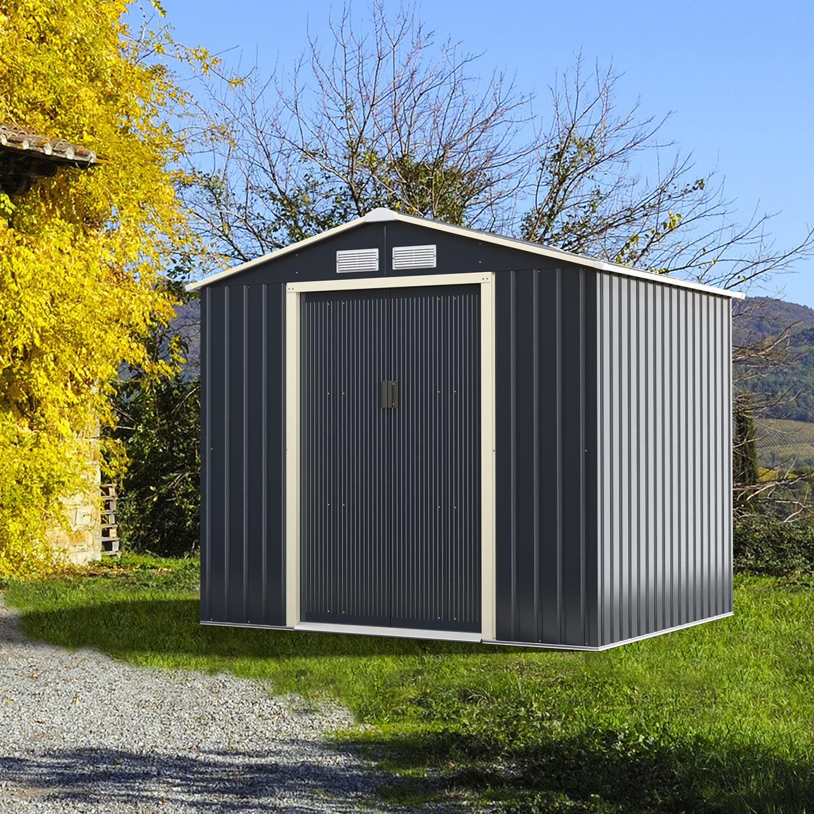 GOPLUS Metalowy domek na narzędzia, 4,07 m², rozszerzony 213 x 191 x 195 cm, szopa na narzędzia z drzwiami przesuwnymi, dach dwuspadowy, okno wentylacyjne, domek ogrodowy do ogrodu, na taras, balkon