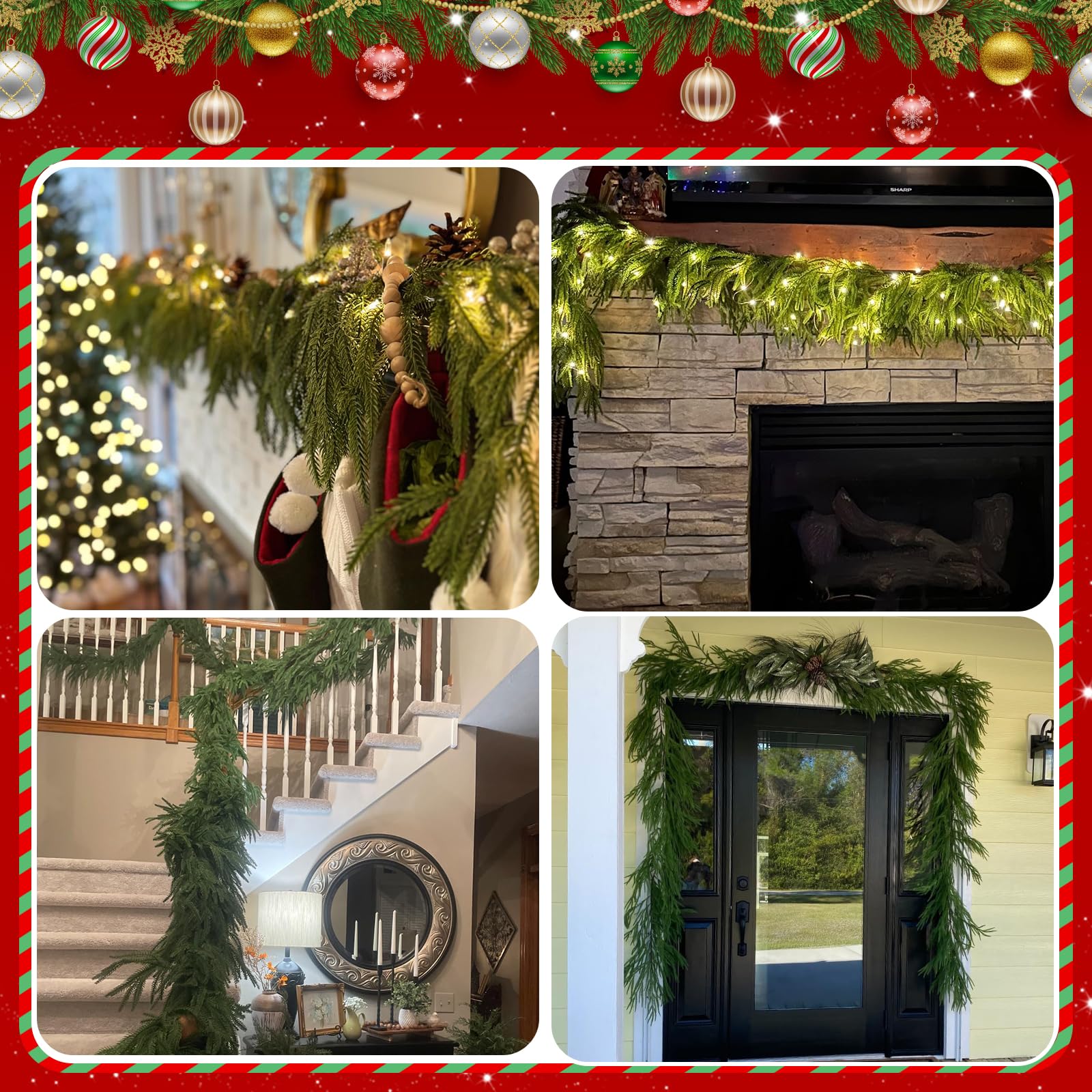 Guirnalda de Navidad de 270 cm, guirnalda de pino Norfolk hecha a mano artificial para chimeneas, escaleras, mesa, decoración de exteriores (con lazo)