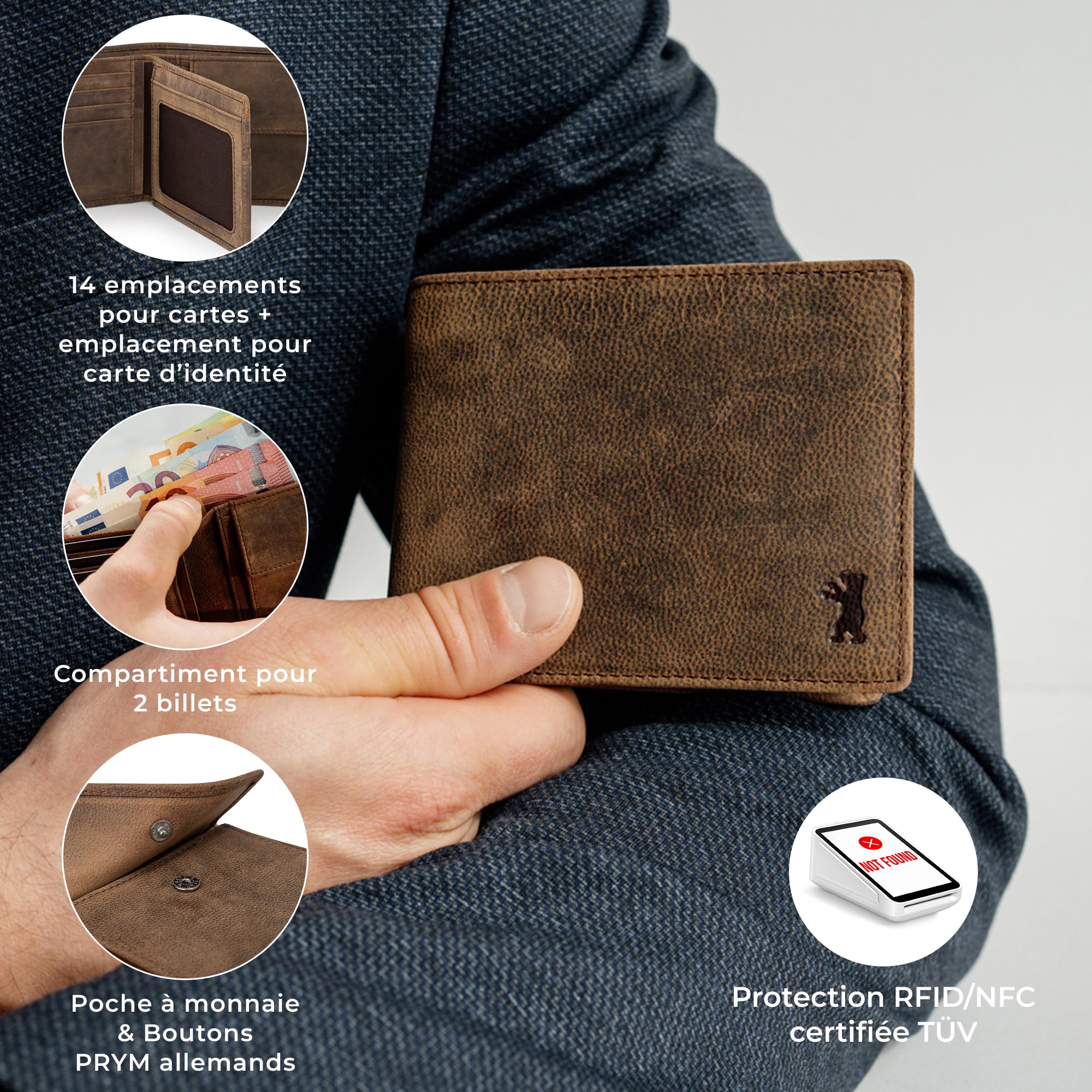 Berliner Bags Vintage Portefeuille en Cuir, Portemonnaie avec Protection RFID Certifiée TÜV et Coffret Cadeau pour Homme - Marron