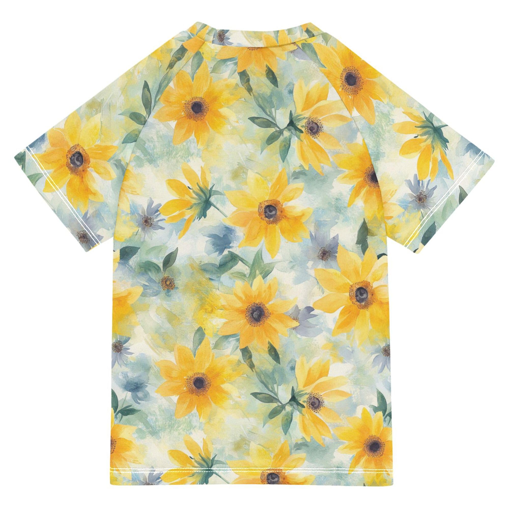 Wudan Spring Sunflower Bathing Suit Girls Short Sleeves Girls Swimsuit with Rashguard Swimwears Volleyball Shirts for Little Boys 9-10Y