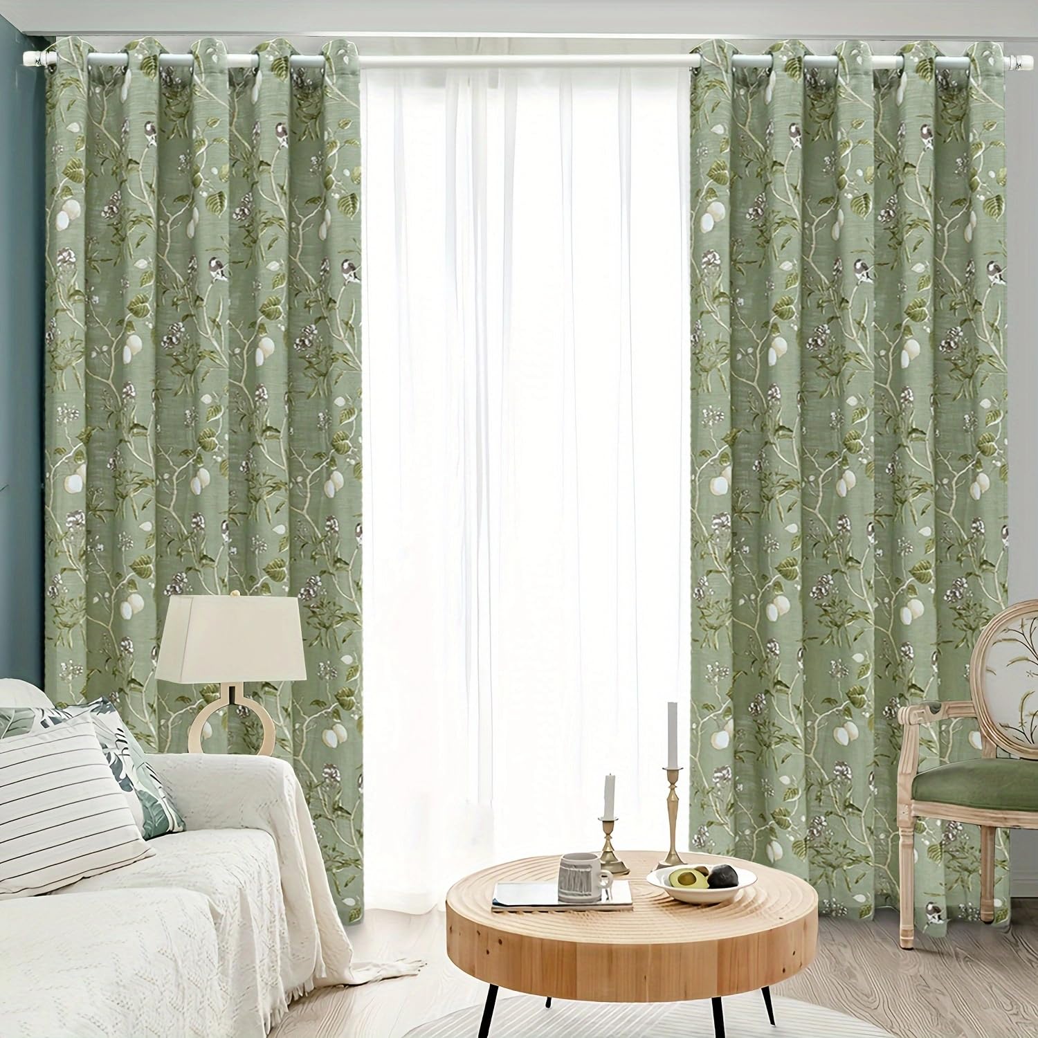 KMSG Green Farmhouse Vintage Printed Floral Birds Patterns Extra Wide Curtains for Sliding Glass Door Decorative Patio Door Panel Window Drapes for Living Room/Bedroom 2 Panels, Each W52 x L84 Inch