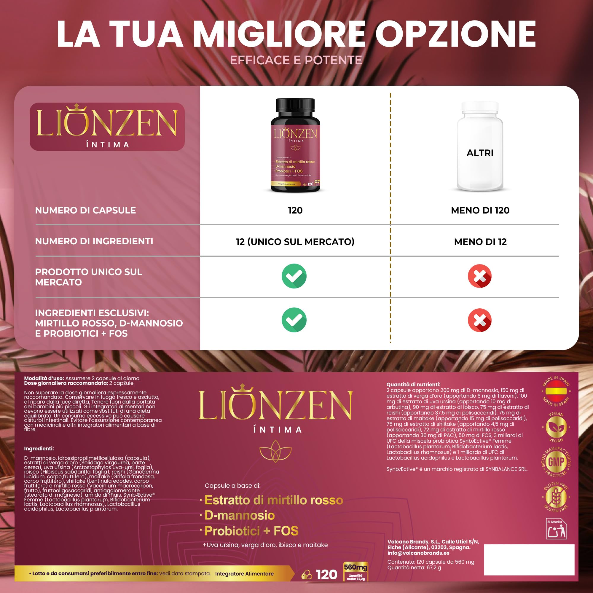 Probiotici Donna Flora Intima | Mirtillo Rosso, D-mannosio +12 Ingredienti naturali | +2000 milioni UFC | Benessere delle vie urinarie femminili | 120 capsule | Lionzen Intima