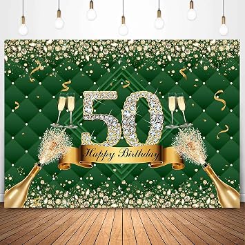 Sensfun 7x5ft Green Gold Happy 50th Birthday Backdrop Glitter Diamond Champagne Fifty Birthday Celebration Photography Background Fabulous 50 Years Old Party Decorations Banner Photo Studio Props