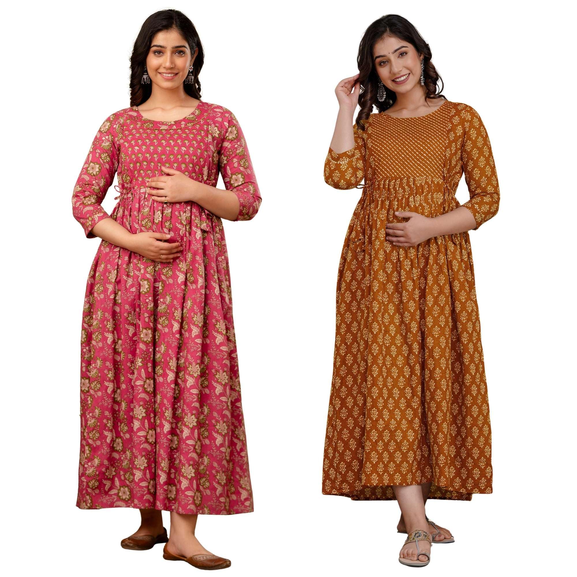 Maternity Feeding Kurtis for Women Cotton Combo Pack of 2 | Printed Pregnancy Dresses for Women | Nursing Anarkali Kurta with Hidden Zippers | Comfortable Regular Fit Maxi Kurta-picture-35