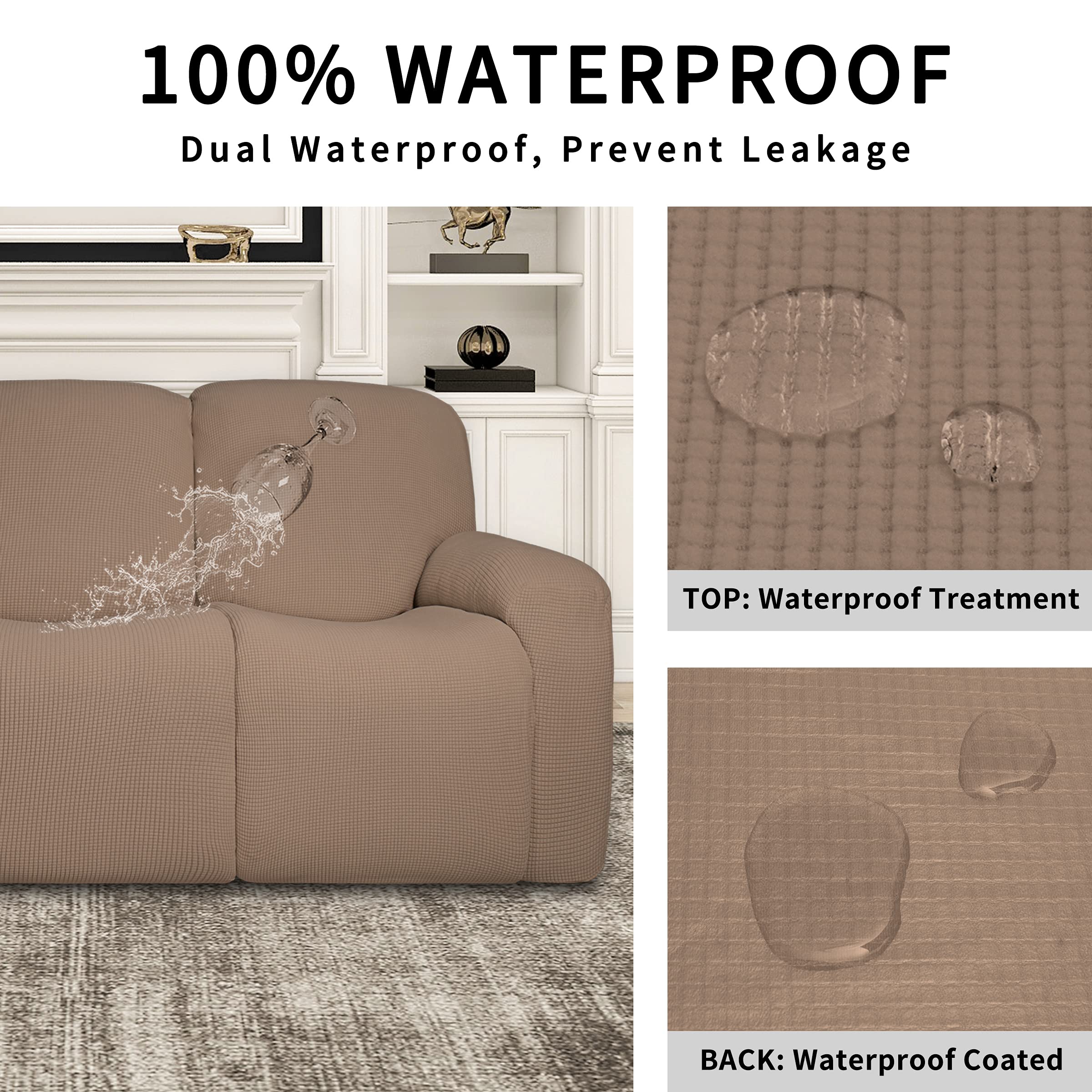 Easy-Going - Copridivano 100% impermeabile, per divano reclinabile a 3 posti, 8 pezzi, elasticizzato, con tasca, in tessuto jacquard, a prova di perdite, lavabile (per divano, color caramello)