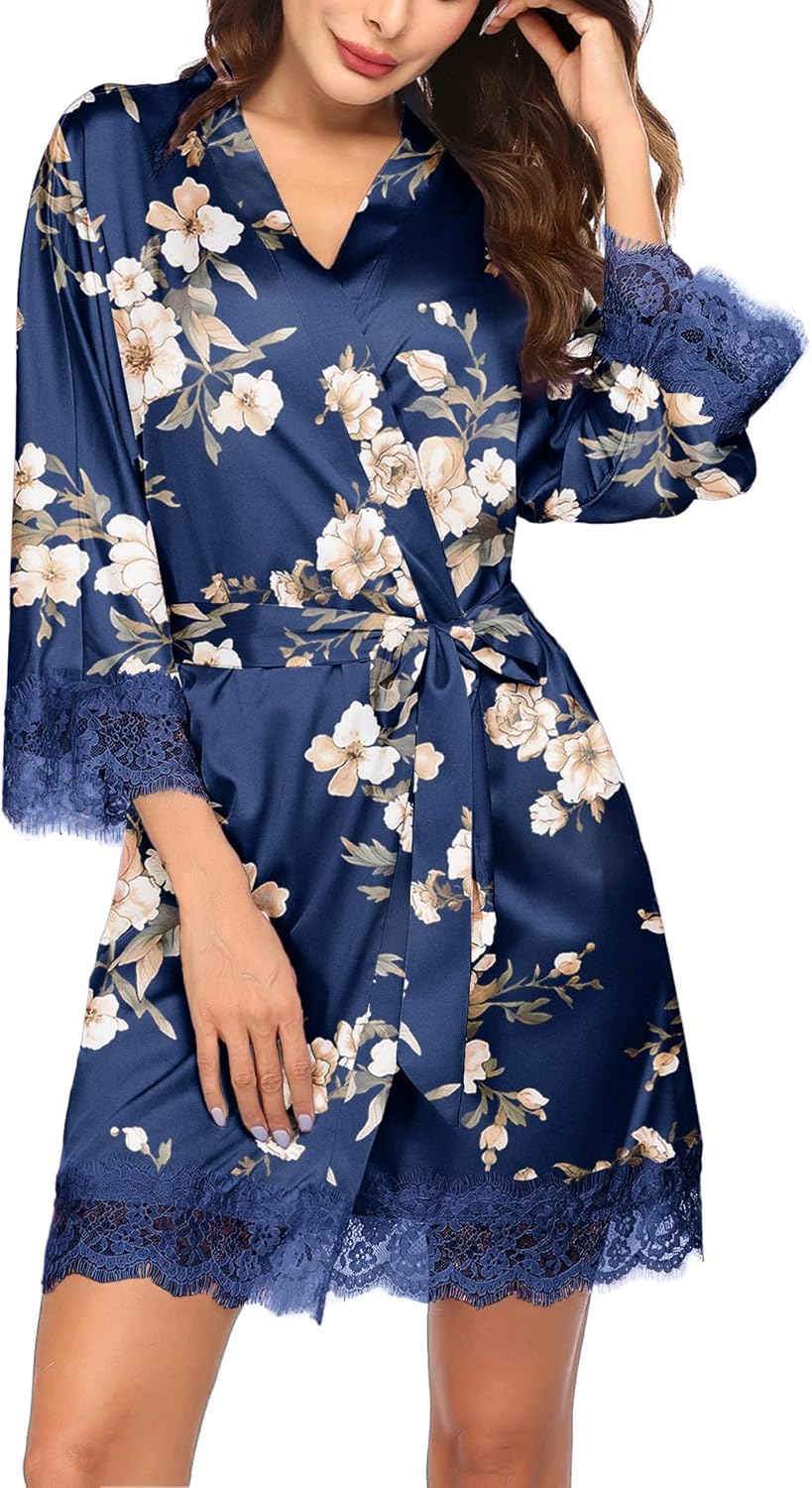 Ekouaer Womens Silk Robe Short Lace Trim Satin Robe 3/4 Sleeve Sexy Kimono Bride Bathrobe Comfy Sleepwear with Pockets - Image 3