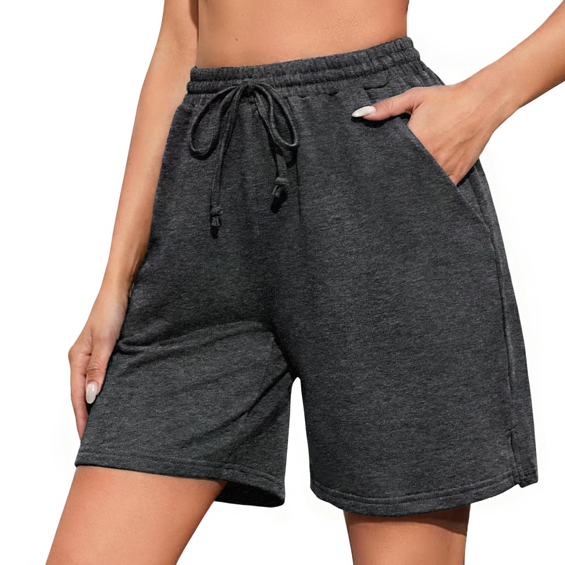 Demegimi Shorts Damen Bermuda Kurze Sporthose Knielang Sweatshorts Sommer Sport Shorts High Waist Lässig Kurz Hosen Baumwolle mit Taschen
