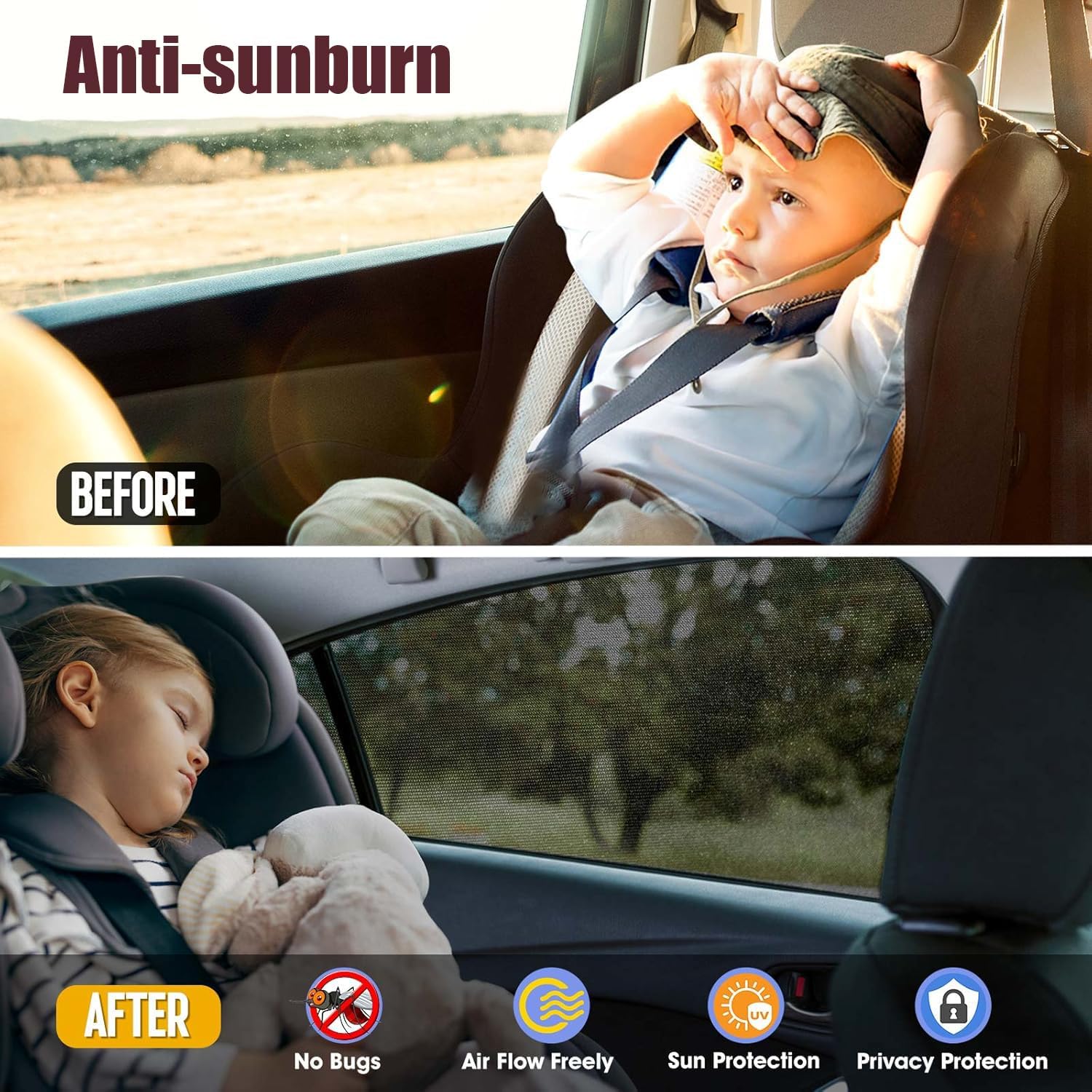 Car Window Screen for Cars and SUVs,2 Packs,Insect-Proof, Maintains Air Circulation, Sun Shading, Privacy Protection(2 Rear Windows)