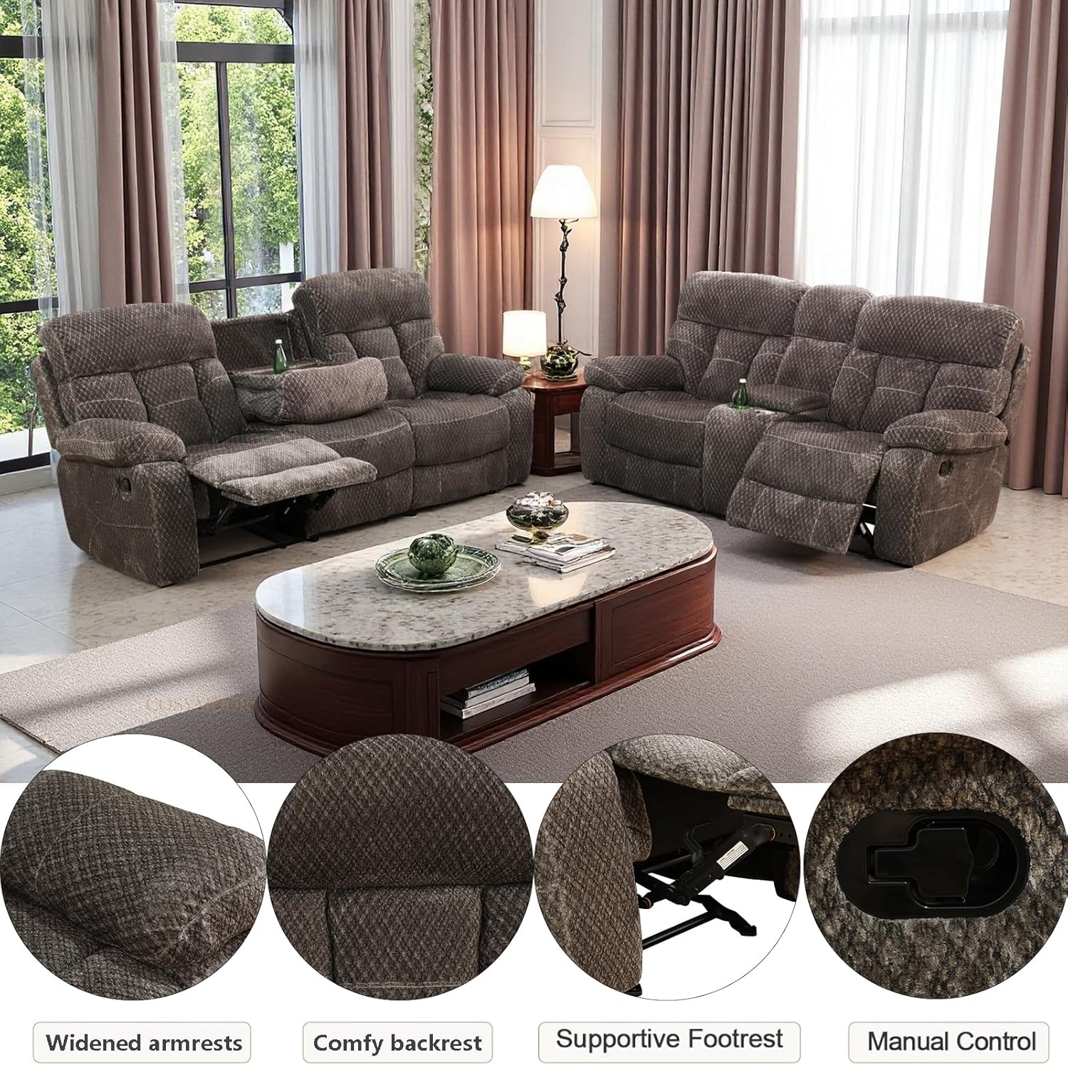 Fabric Manual Recliner Sofa Set with Drop-Down Table, 2 Pieces Living Room Furniture Sets, Microfiber Recliner Sofa Set with Storage, Modern Reclining Couch Loveseat for Living Room/Office