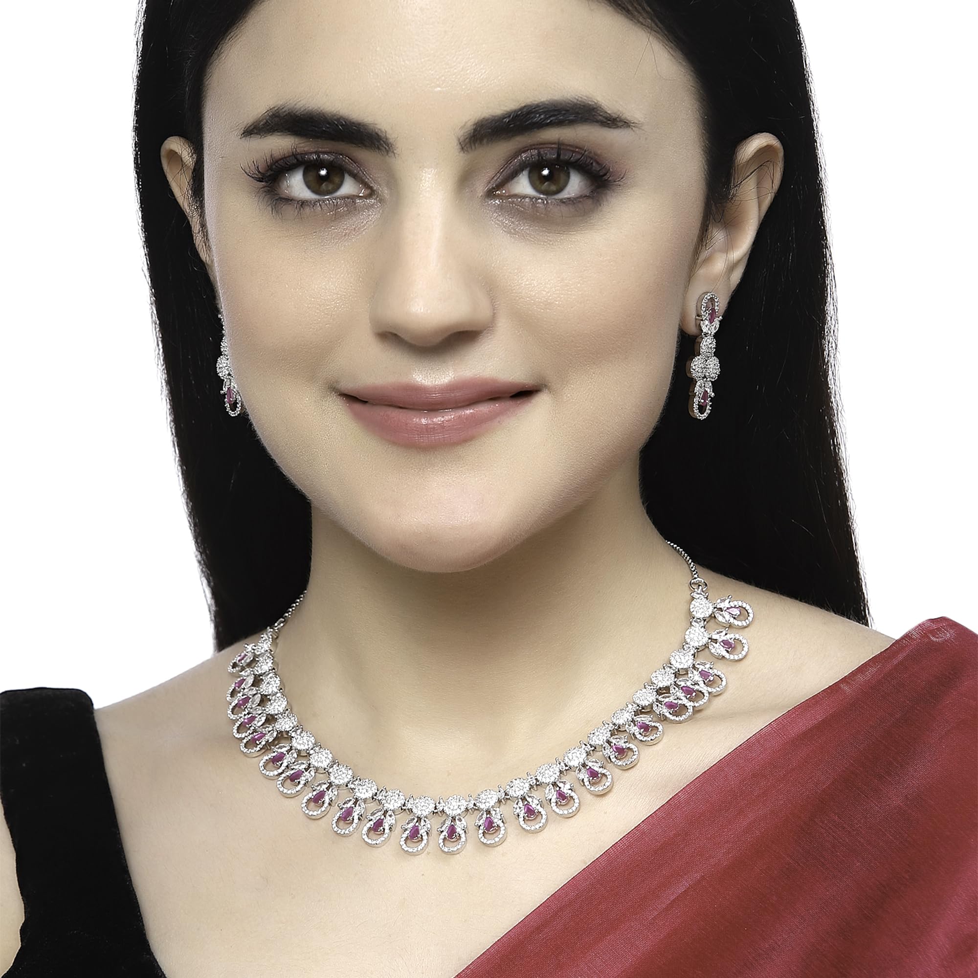 Rhodium-Plated American Diamonds Studded Necklace Set