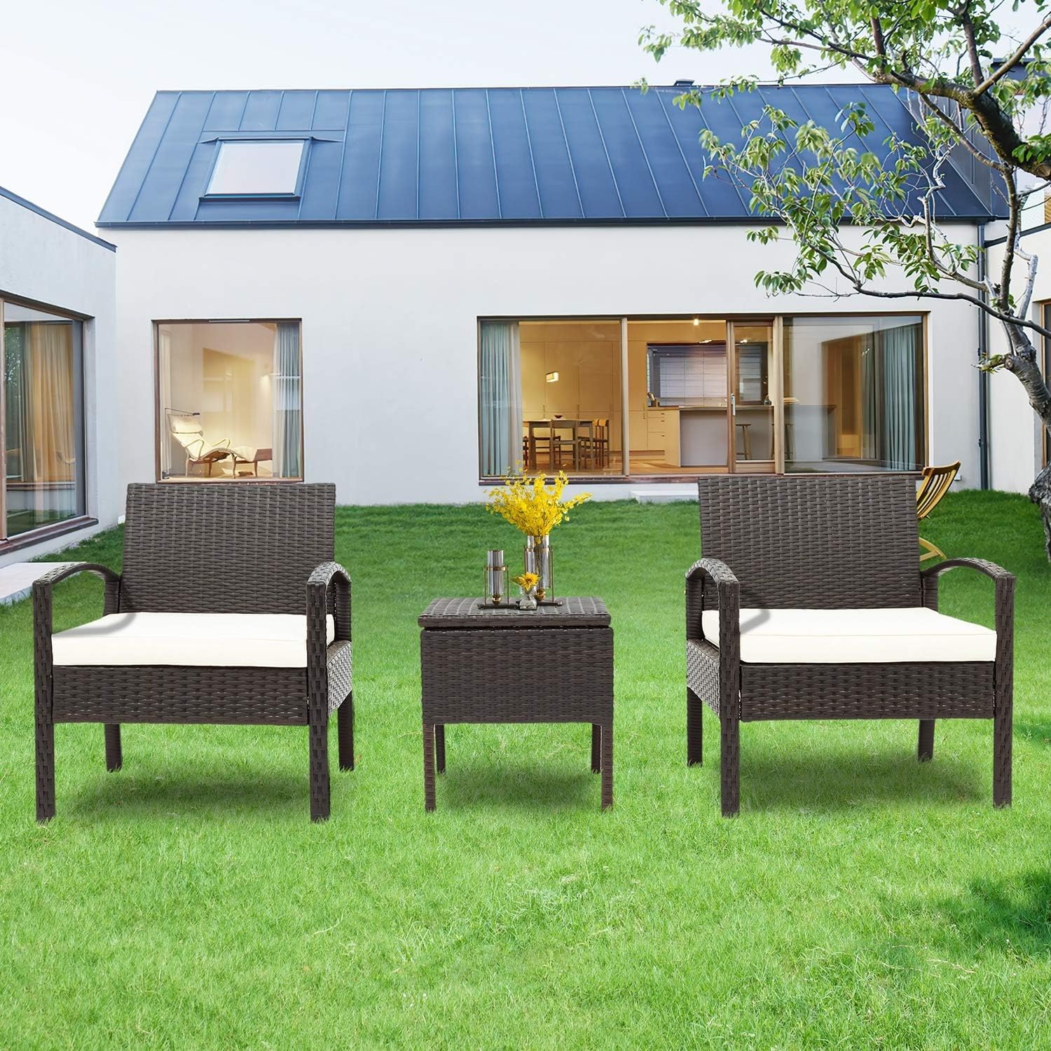 Polyrattan Balkonmöbel Set 2 Personen?1 Tisch & 2 Sessel?Couchtisch mit