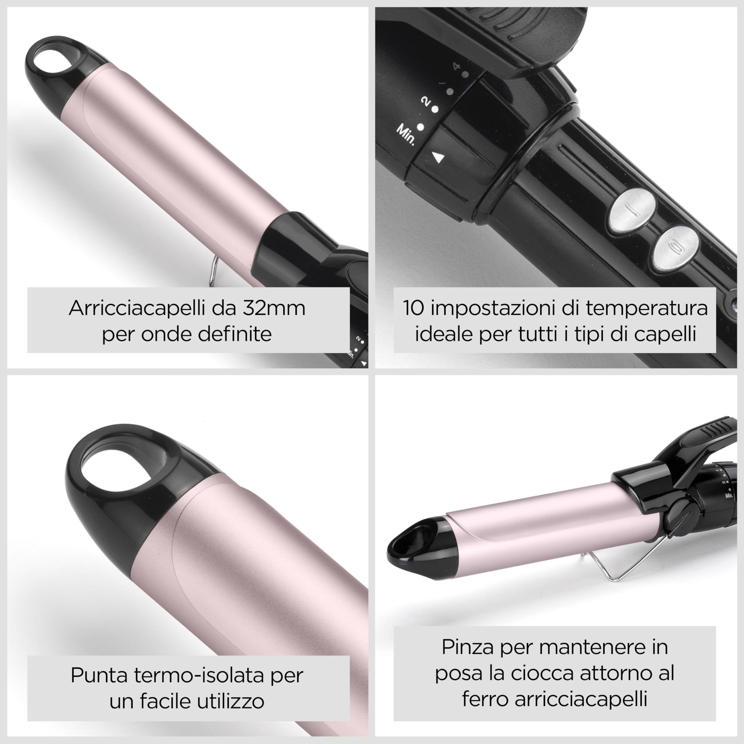 BaByliss Ferro arricciacapelli 32mm, Satin Touch, 10 temperature, riscaldamento rapido, supporto integrato, Nero e rosa, C332E