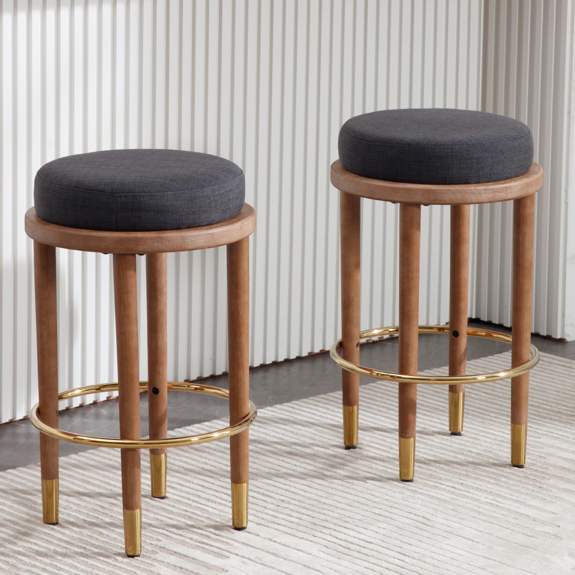 BESTANO 26' Rustic Backless Bar Stools Set of 2, Round Counter Height Stools with Wooden Legs, Farmhouse Linen Upholstered Top, Charcoal