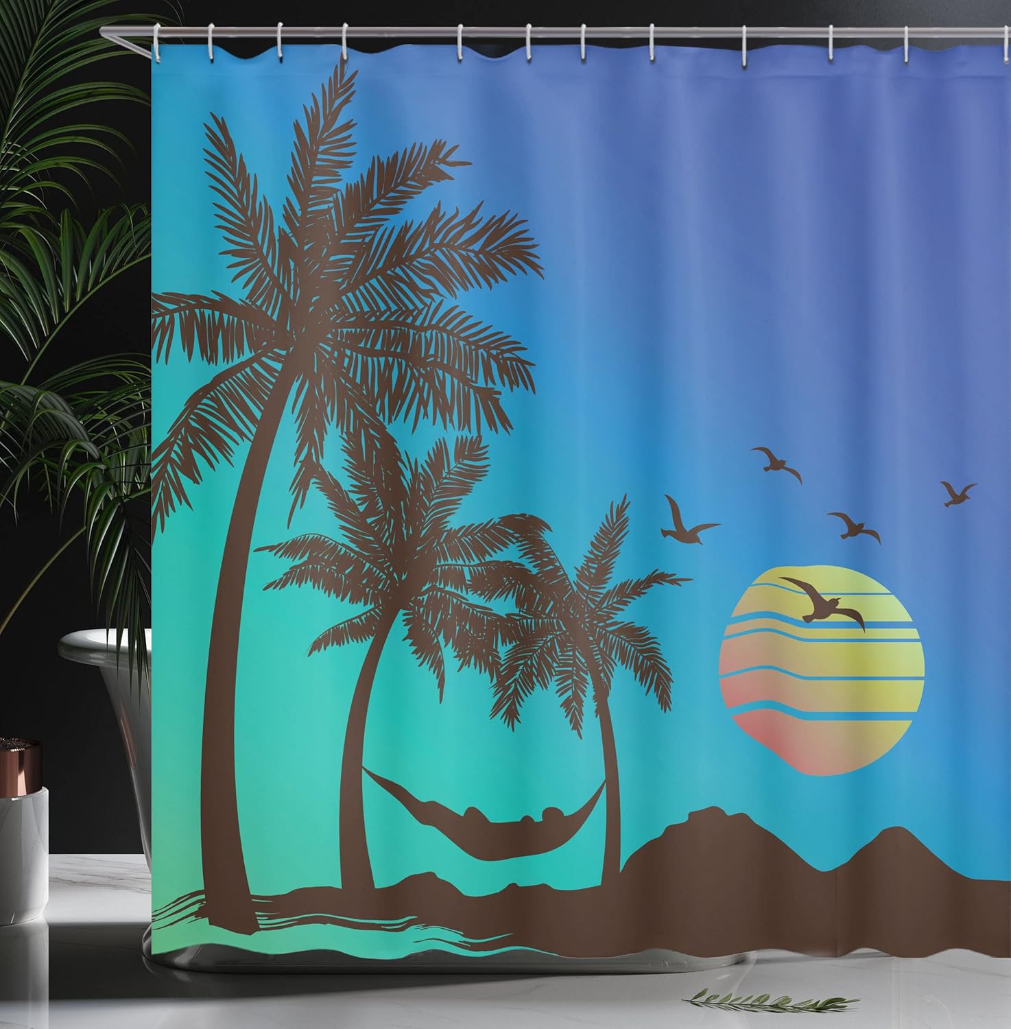 Lunarable Beach Hammock Shower Curtain, Tropical Island Vacation Theme Retro Style Sunset Palm Trees Silhouette Print, Cloth Fabric Bathroom Decor Set with Hooks, 69" W x 70" L, Multicolor