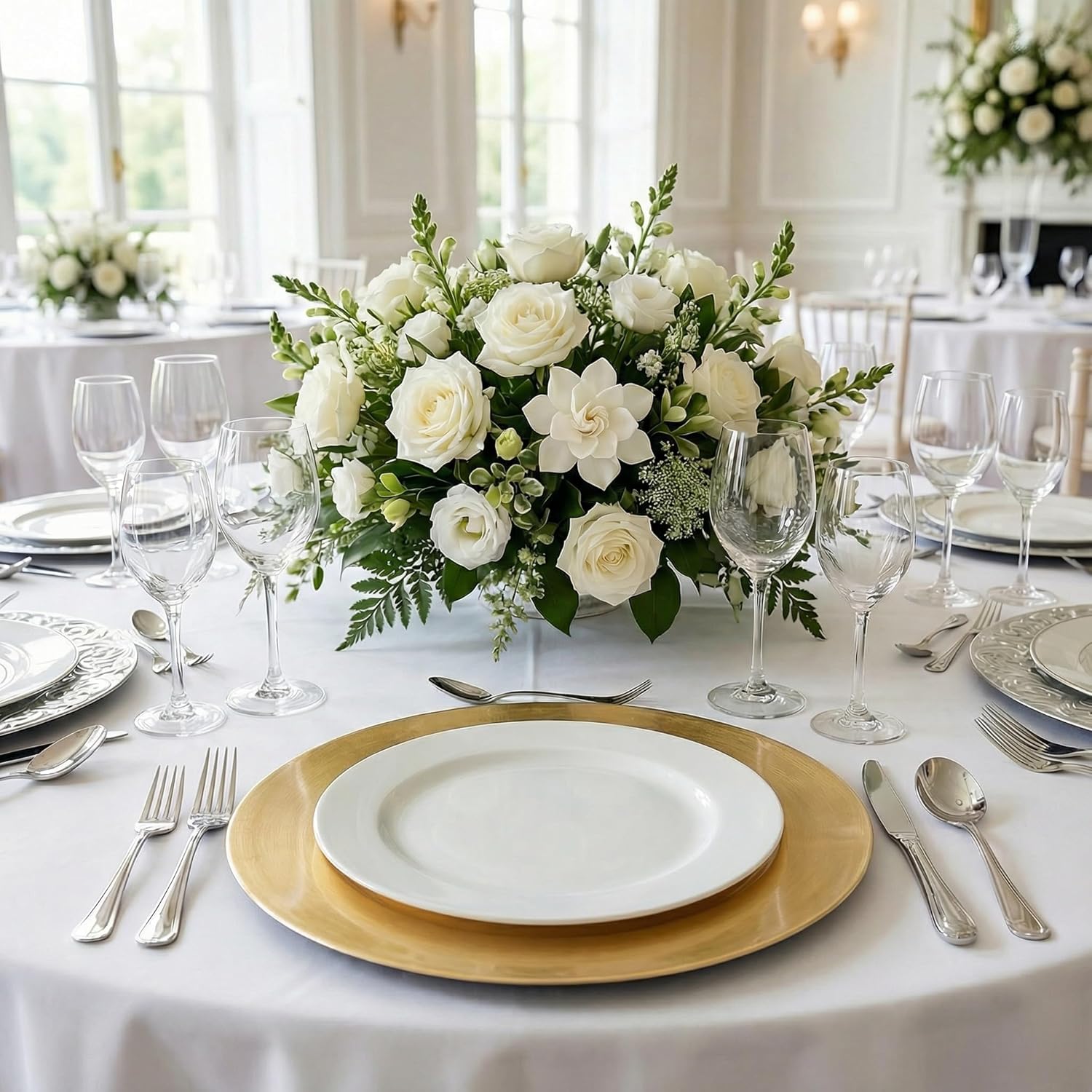 13inch Round Plastic Charger Plates Set of 8,Gold Charger for Dinner Plates,Decorative plates for Wedding,Party,Event Tabletop. (Metallic foil Gold)