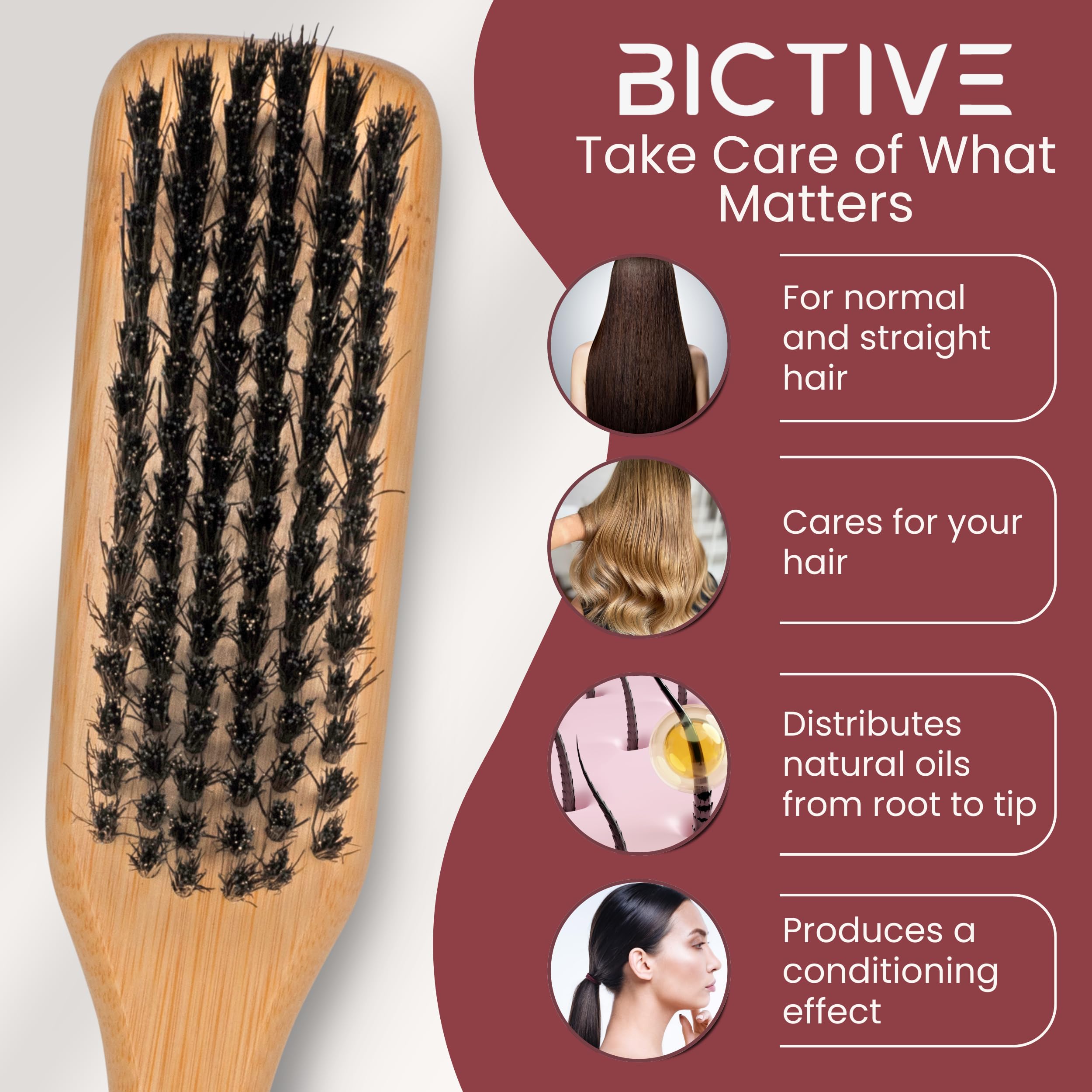 BICTIVE® Slick Back Hair Brush. Boar Bristle Brush, 100% Natural Bristles for Styling and Smoothing, Anti-Breakage - Image 2