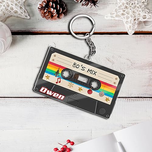 Miniatura 7 de Adorno de Navidad con cinta de casete personalizada, plano 2D, decoración musical retro con diseño de arcoíris, adorno único de árbol para fanáticos