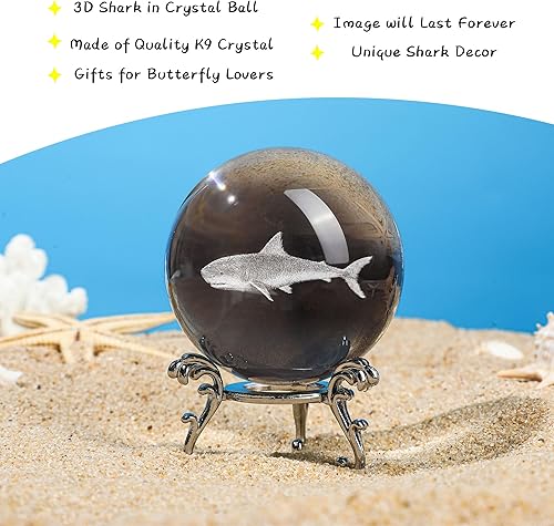 Miniatura 3 de HDCRYSTALGIFTS Bola de cristal de tiburón grabada con láser 3D con soporte de 2.362 in de vidrio, figuras de animales marinos, adornos de bolas
