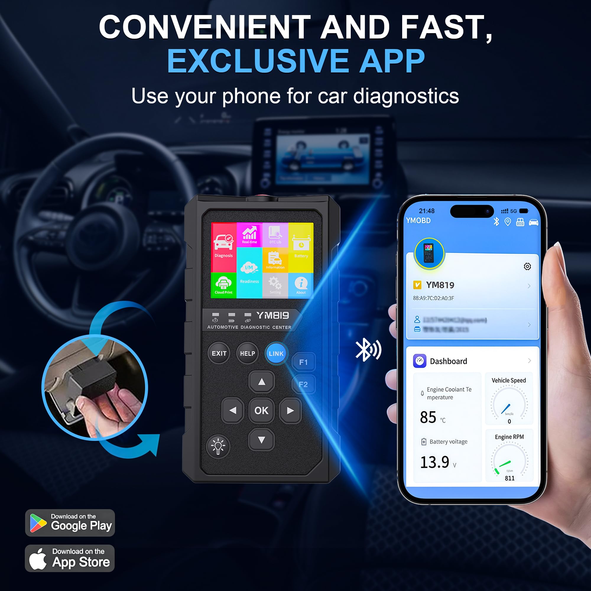 OBD2 Scanner Bluetooth Codeleser, Wireless OBDii Auto Diagnosegerät für Check Engine Light, I/M Bereitschaft, Batterie & Leistungstest, Löscht Fehlercodes für alle OBD II Protokoll Fahrzeuge seit 1996