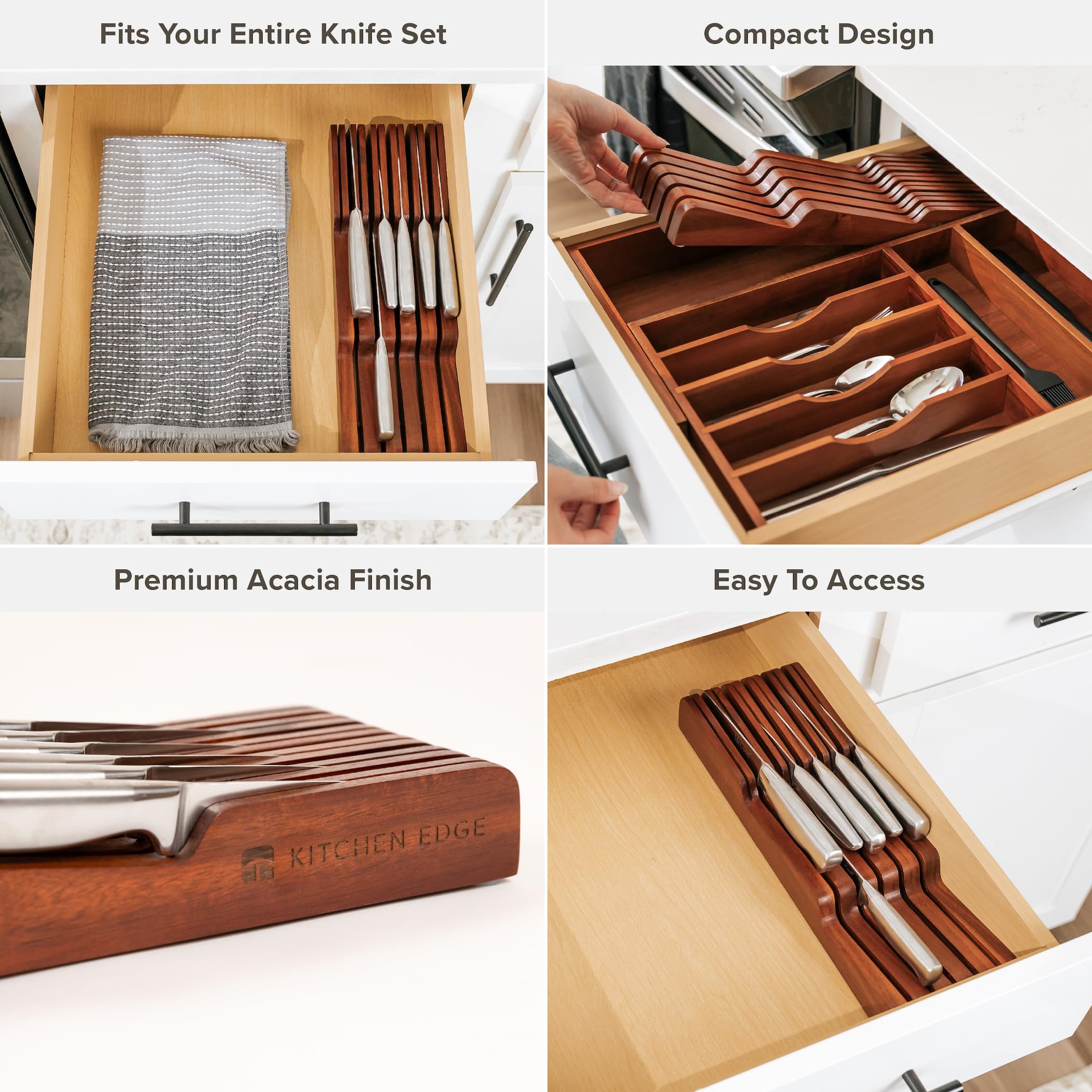 Organizer per coltelli da cucina in legno di acacia per 5 coltelli lunghi + 6 coltelli corti (non incluse), adatto per la maggior parte delle dimensioni di coltelli, piedini in gomma, lavorazione