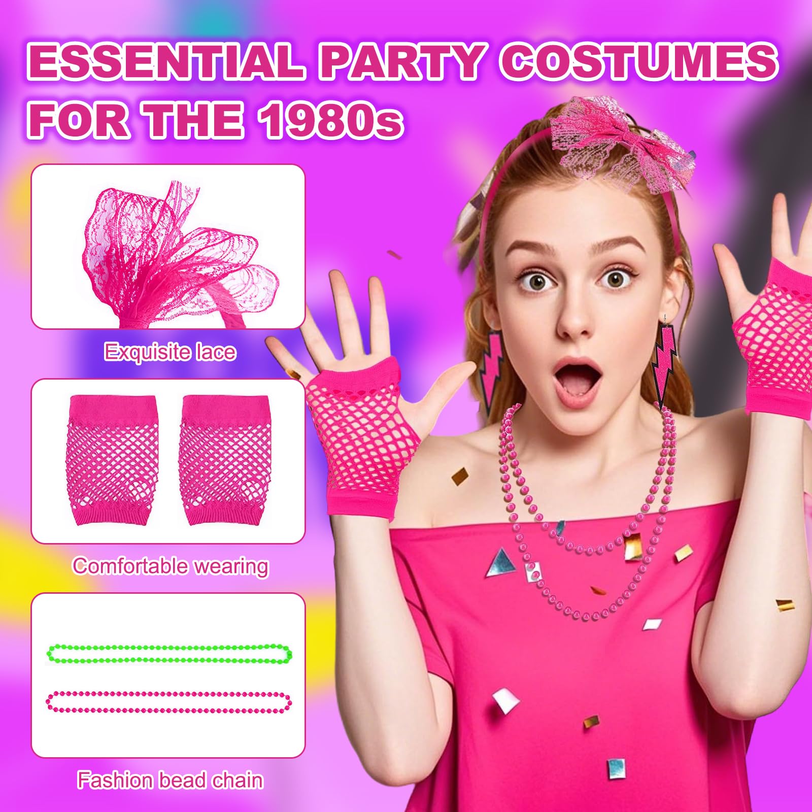 GMHLLES 19PCS 80S Fancy Dress for Women 80 s 90s Party Costume Accessories Neon Clothes with Lace Headband Earrings Necklace for Retro Parties Hen Do Parties - Image 3