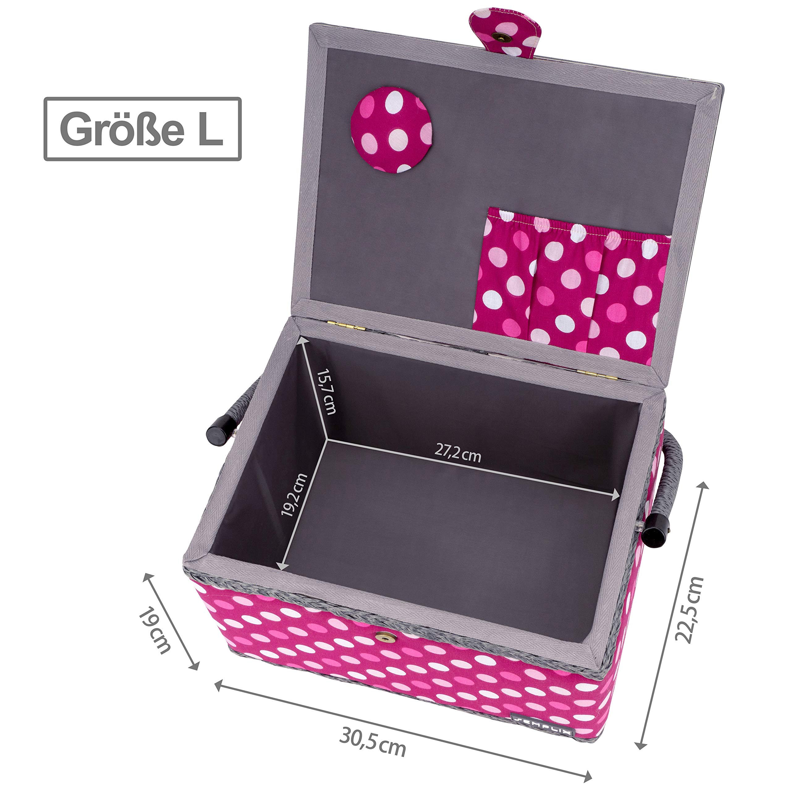 SEMPLIX Nähkorb Größe L gefüllt (30x22x19cm) - kompatibel mit Prym NähzubehörSet/Nähsortiment (im Lieferumfang enthalten) - Polka Dots Beere-rosa