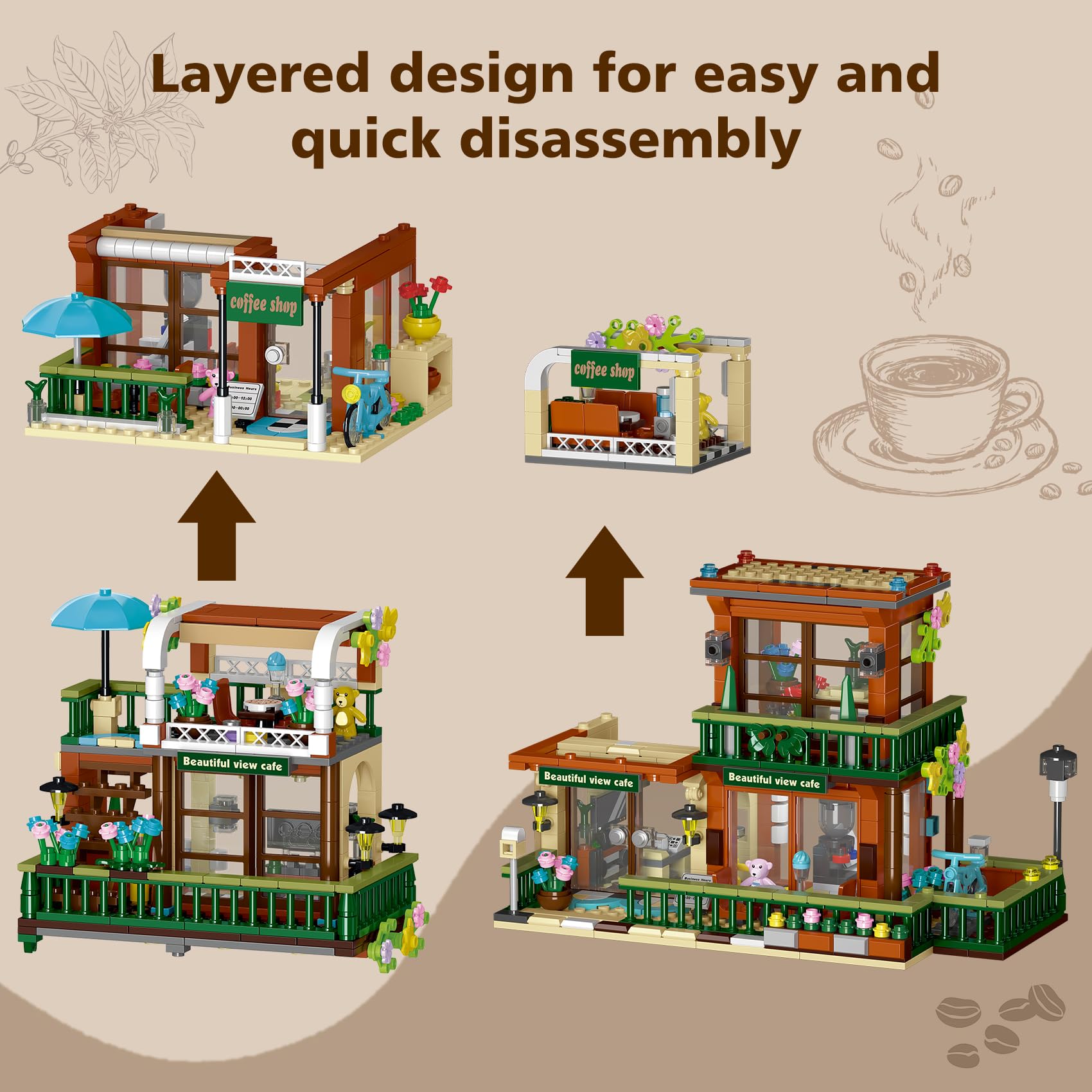 Geniteen Building Blocks Set, 3-in-1 Cafe Shop 875PCS MOC Creative House Model DIY Toy, Street View Building Toy for Teens Adults - Image 3