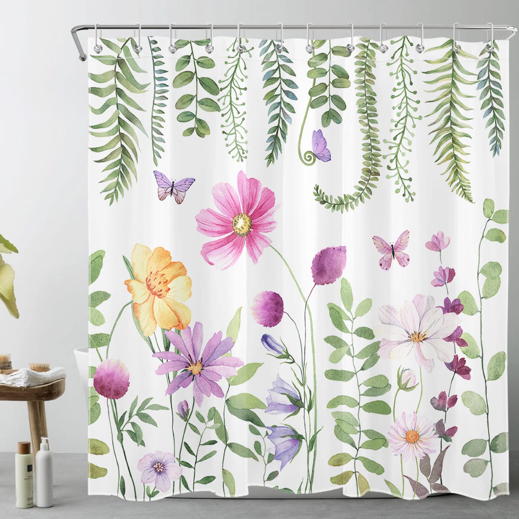 LB Tenda Doccia Floreale Astratta 240x175cm - Foglia Marrone E Fiori, Bianco Righe, Impermeabile E Antimuffa Con Ganci