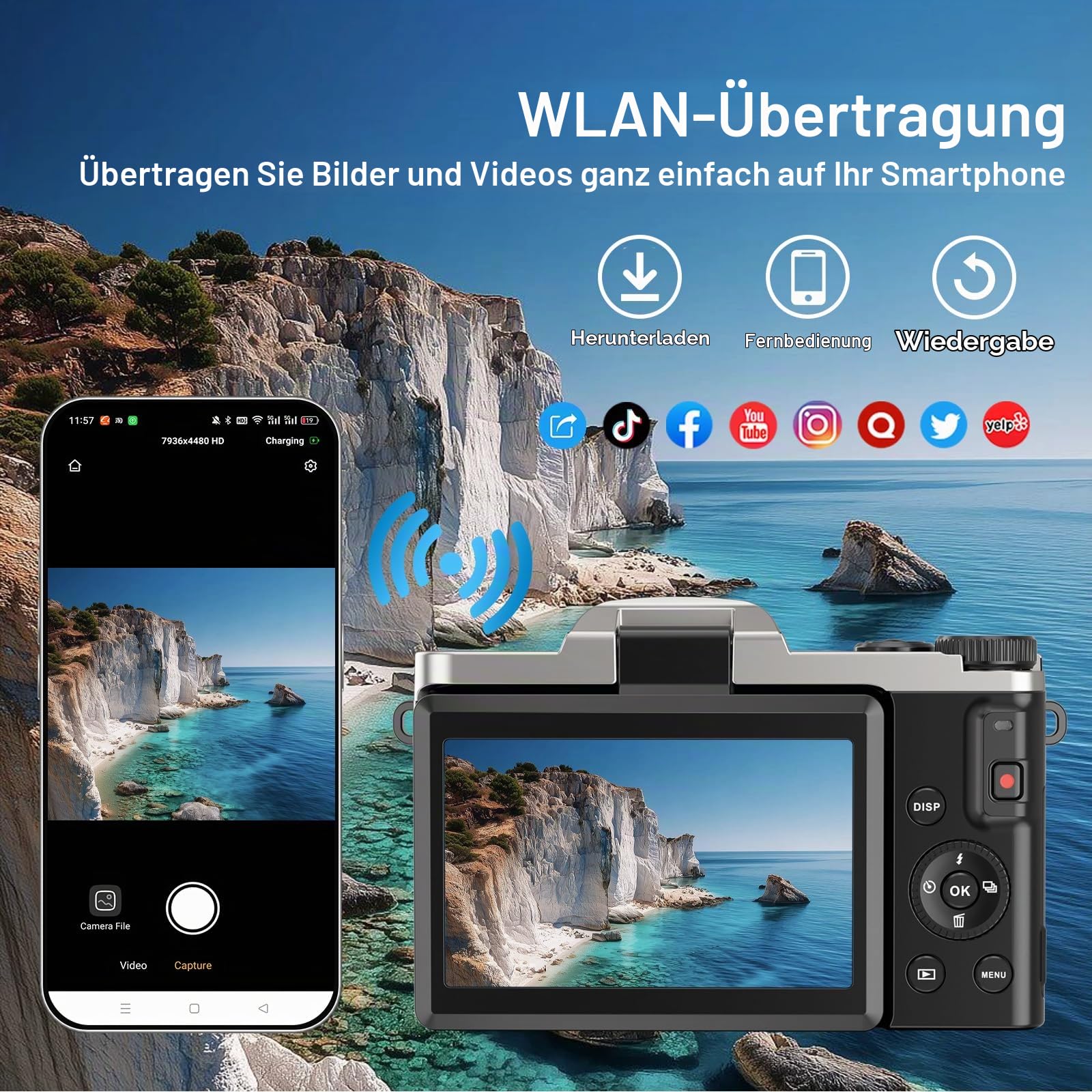 Digitalkamera 4K 64MP mit WLAN, Autofokus Vlogging-Kamera & Webcam, 3″ 180° Klappdisplay, 16-Fach Digitalzoom, Verwacklungsschutz, 32GB SD-Karte, Ladestation & 2 Akkus für Anfänger und Jugendliche