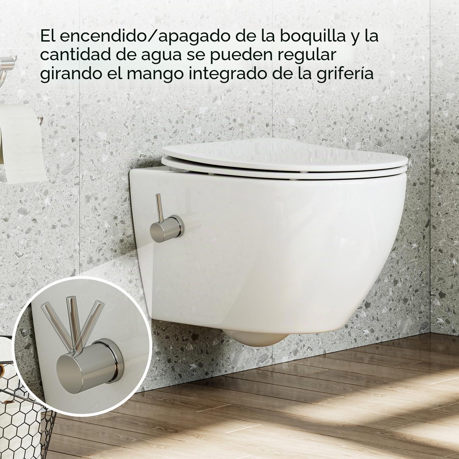 HOROW Inodoro con boquilla integrada, inodoro suspendido con función de bidé, Taharet WC con nanorrevestimiento, inodoro con grifo, asiento de inodoro con descenso automático, agua fría, 53 x 36 x 35
