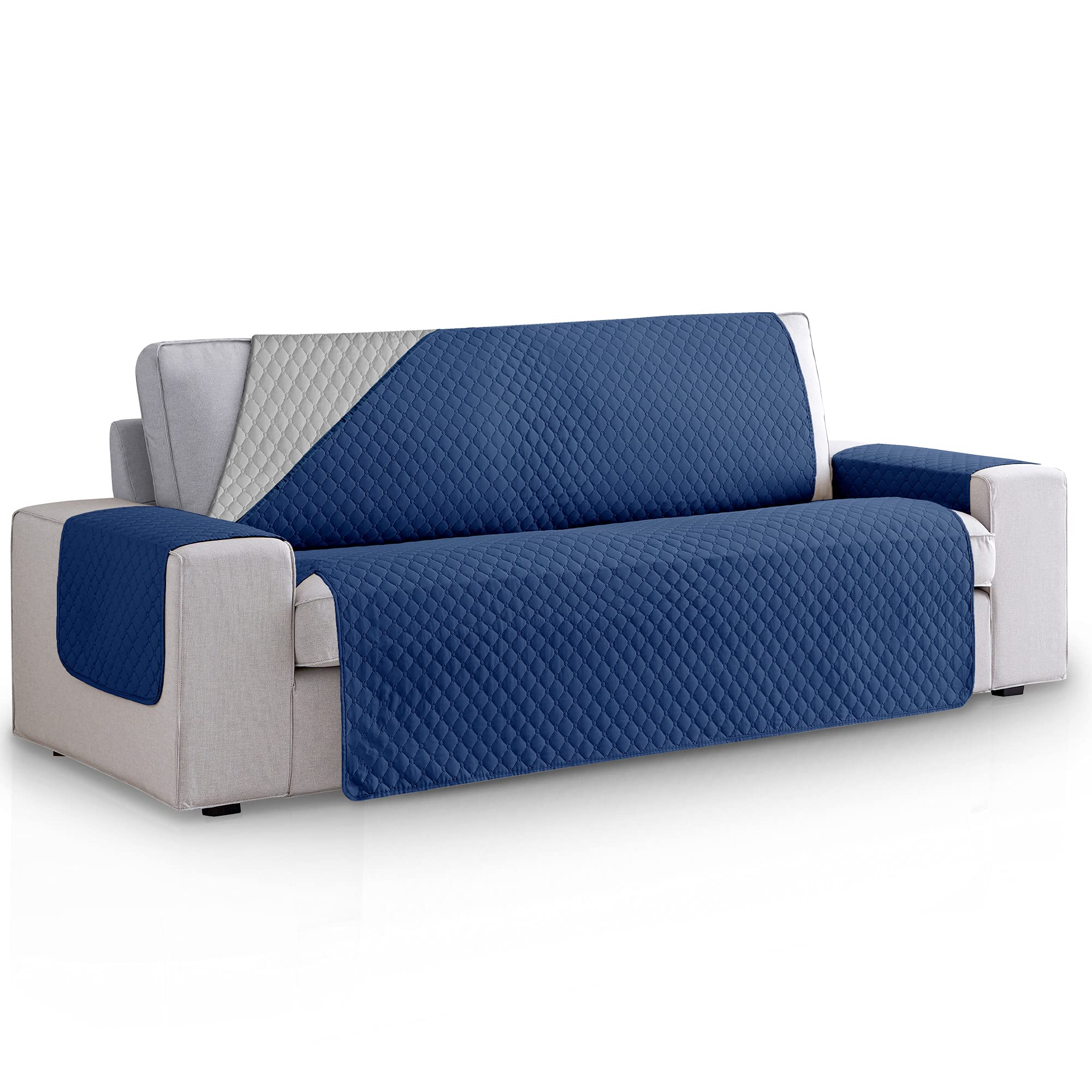 Vipalia Funda Cubre Sofa Acolchado Reversible Bicolor. Fundas para Sofa 3 plazas Rombos. Cubre Sofas de Salon Antimanchas Ajustables. Color Marino - Gris. Funda de Sofa 3 plazas (160 cm)