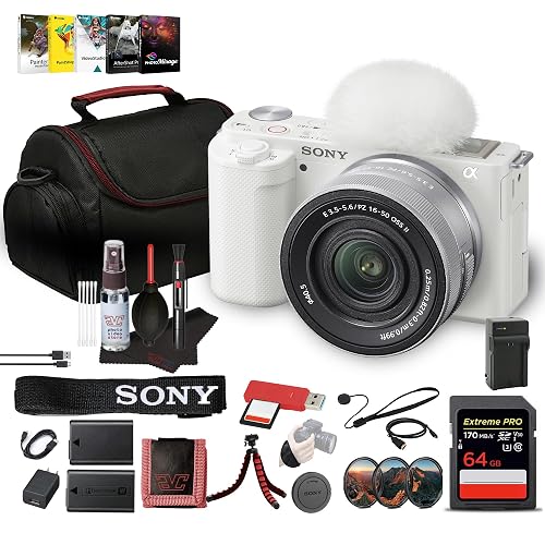 Sony ZV-E10 Mirrorless Camera Kit with 16-50mm II Power Zoom Lens (White) | APS-C Sensor | Compact Creator Tool + 64GB Card + Filter Kit + Photo Software + Bag + NPF-W50 Battery + More - White - w/ 16-50mm II Lens