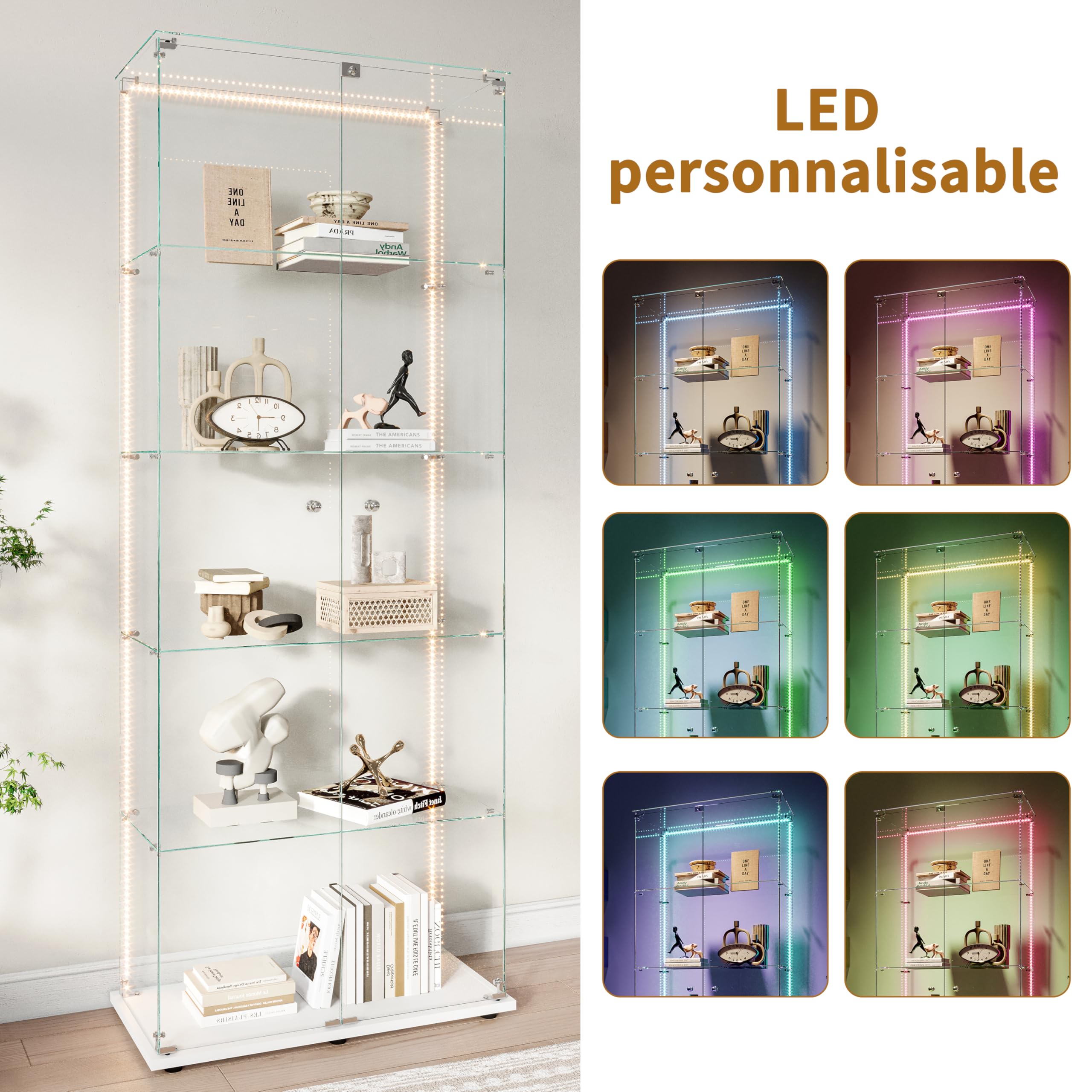 Vitrina de Cristal Expositor con LED y Cerradura, Vitrinas de pie de Cristal con 5 Estantes Ajustables y 2 Puertas, Armario Vitrina Moderne para Colección Armario de Pie de Cristal(Blanco,81x37x183)