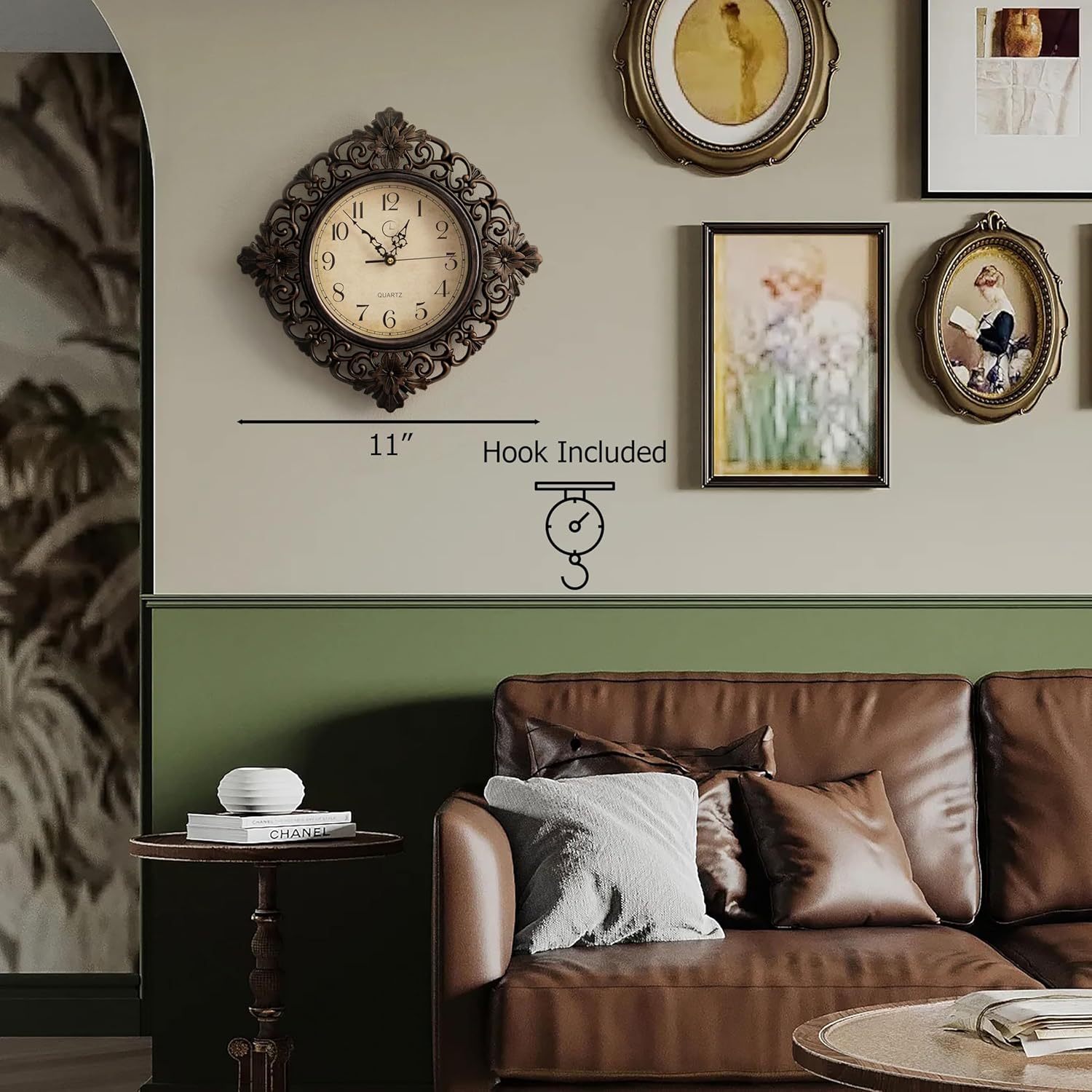 Clockswise 11" Classic Round Decorative Hanging Wall Clock with Ornate Floral Scroll Frame in Vintage Distressed Finish for Home Entryway Living Room Bedroom Kitchen Office Hotel & Restaurant, Brown