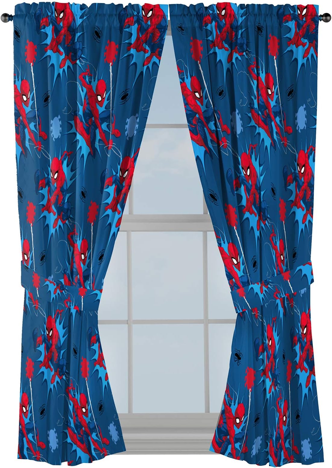 Jay Franco Kids Window Drapes - 4 Piece Curtain Set Includes 2 Tiebacks, Beautiful Bedding Room Décor and Easy Set Up, Blue - Spiderman, 63 Inch
