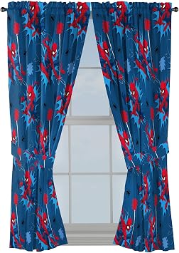 Jay Franco Kids Window Drapes - 4 Piece Curtain Set Includes 2 Tiebacks, Beautiful Bedding Room Decor and Easy Set Up, Blue - Spiderman, 63 Inch