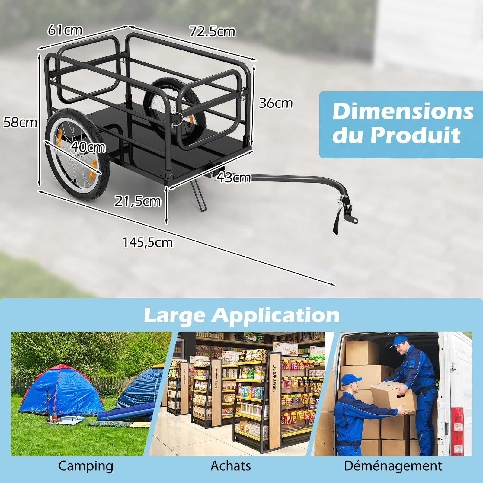 COSTWAY Remorque de Vélo avec Cadre Pliable Charge 55 kg, Chariot pour Vélo avec Housse en Tissu Oxford Roues à Air de 40 cm Réflecteurs, pour Camping Courses Randonnée