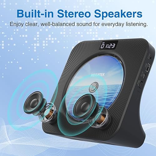 Miniatura 3 de MEGATEK Reproductor de CD portátil Bluetooth para el hogar, reproductor de CD de escritorio con altavoces estéreo, radio FM, USB, pantalla LED,
