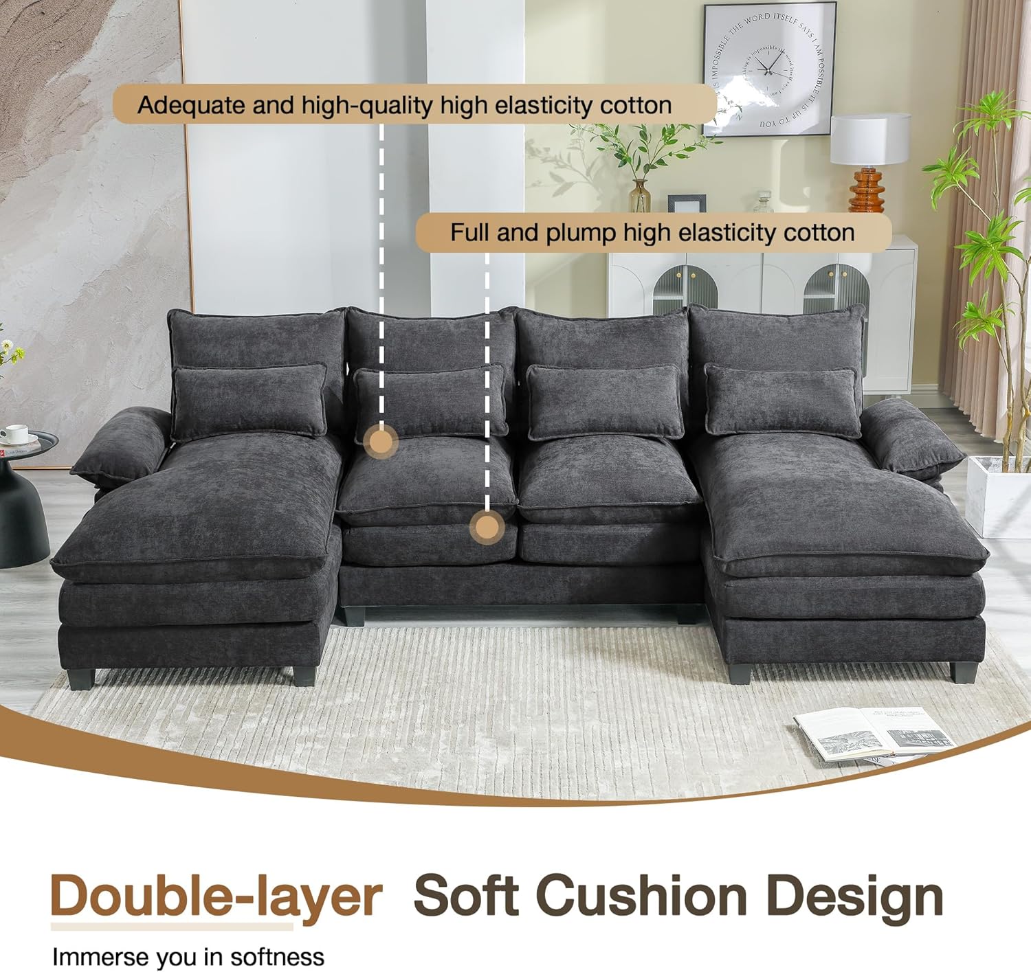 110.2" Modular U Shaped Cloud Couch, Modern 4-Seat Chenille Upholstery Sectional Sofa with Double Chaise & Double Layer Cushions, Deep Seat Comfy Couch for Living Room, Bedroom, Apartment,Grey