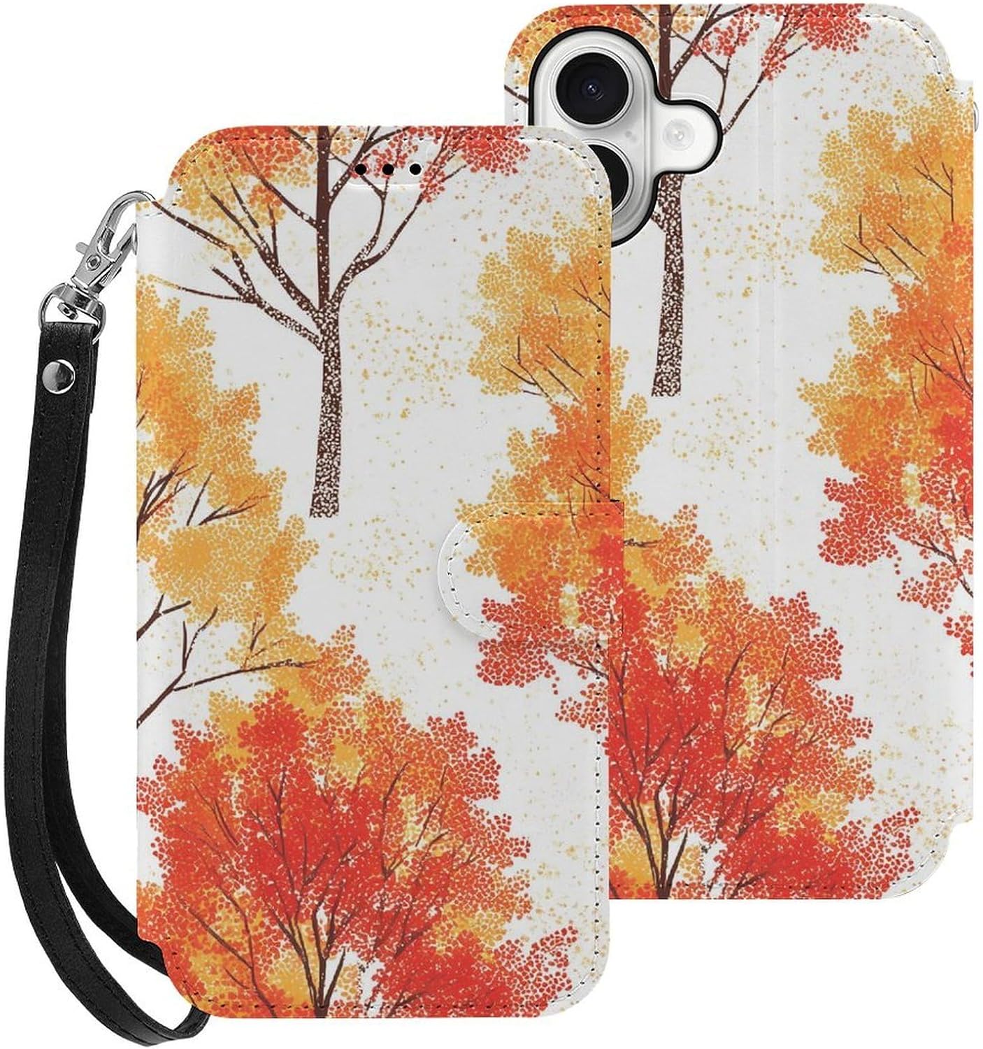 Autumn Trees Compatible with iPhone 16/16 Plus/16 Pro/16 Pro Max/16 E Case Phone Wallet Card Holder Flip Cover with Wrist Strap
