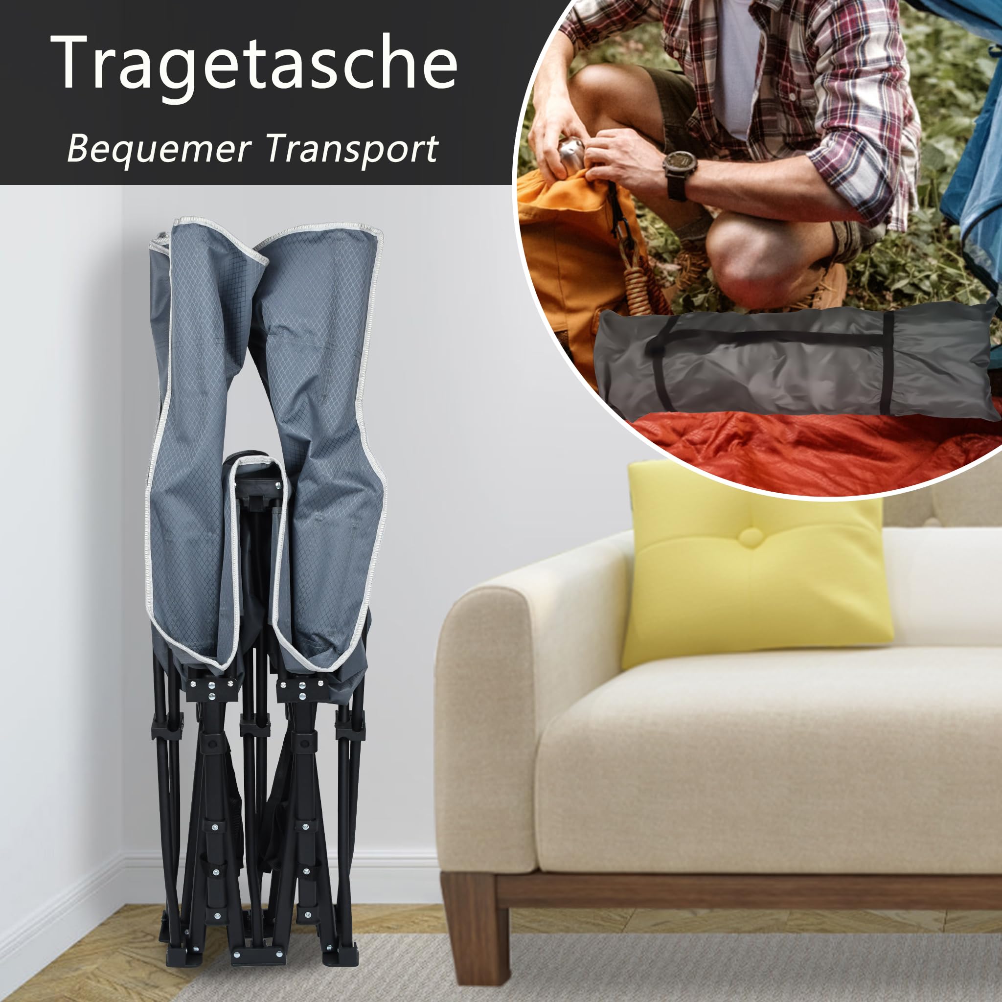 Szare składane łóżko polowe, łóżko kempingowe, łóżko kempingowe, składane, z kieszenią boczną i torbą transportową, do 250 kg, na kemping, podróż, łóżko dla gości, na kemping, do użytku