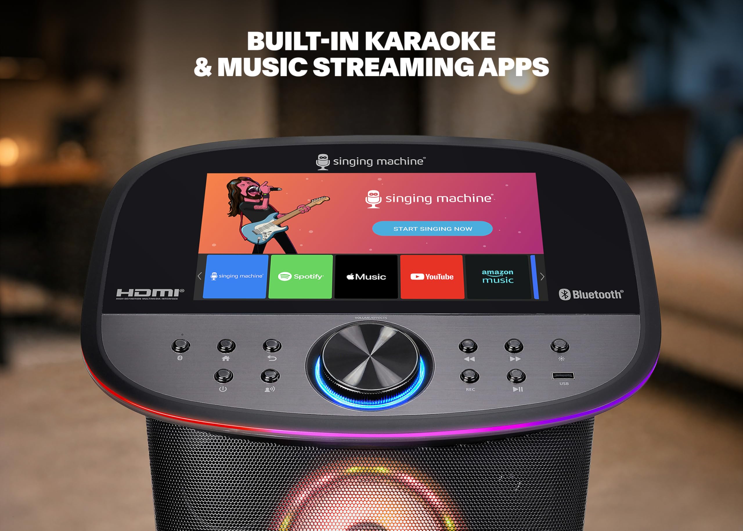 Singing Machine Platinum Plus Karaoke Premium con Pantalla – Sistema Todo en Uno – 2 micrófonos inalámbricos – Altavoz Bluetooth Wi-FI – Compatible con Youtube & Spotify – Aplicaciones integradas