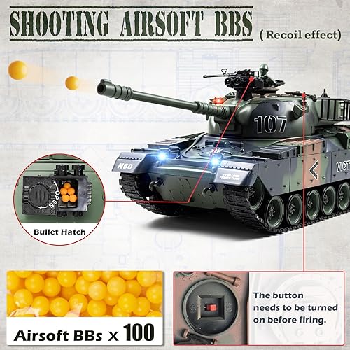 Miniatura 5 de Tanque RC 1:18, 2.4Ghz US M60 modelo de tanque de control remoto, juguete militar de batalla de 15 canales con humo, sonido ligero, interruptor