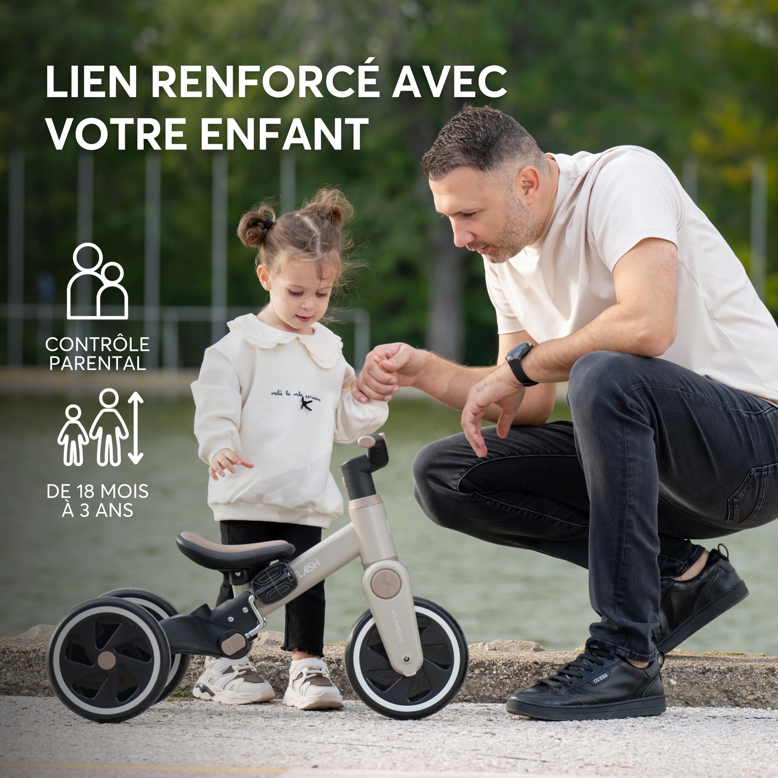 KikkaBoo Tricycle Bébé Évolutif 5 en 1 Flash, Vélo sans Pédales et Draisienne Évolutive, Poignée Parentale Réglable, Roues EVA, Cadre en Acier, de 18 Mois à 4 Ans, Gris