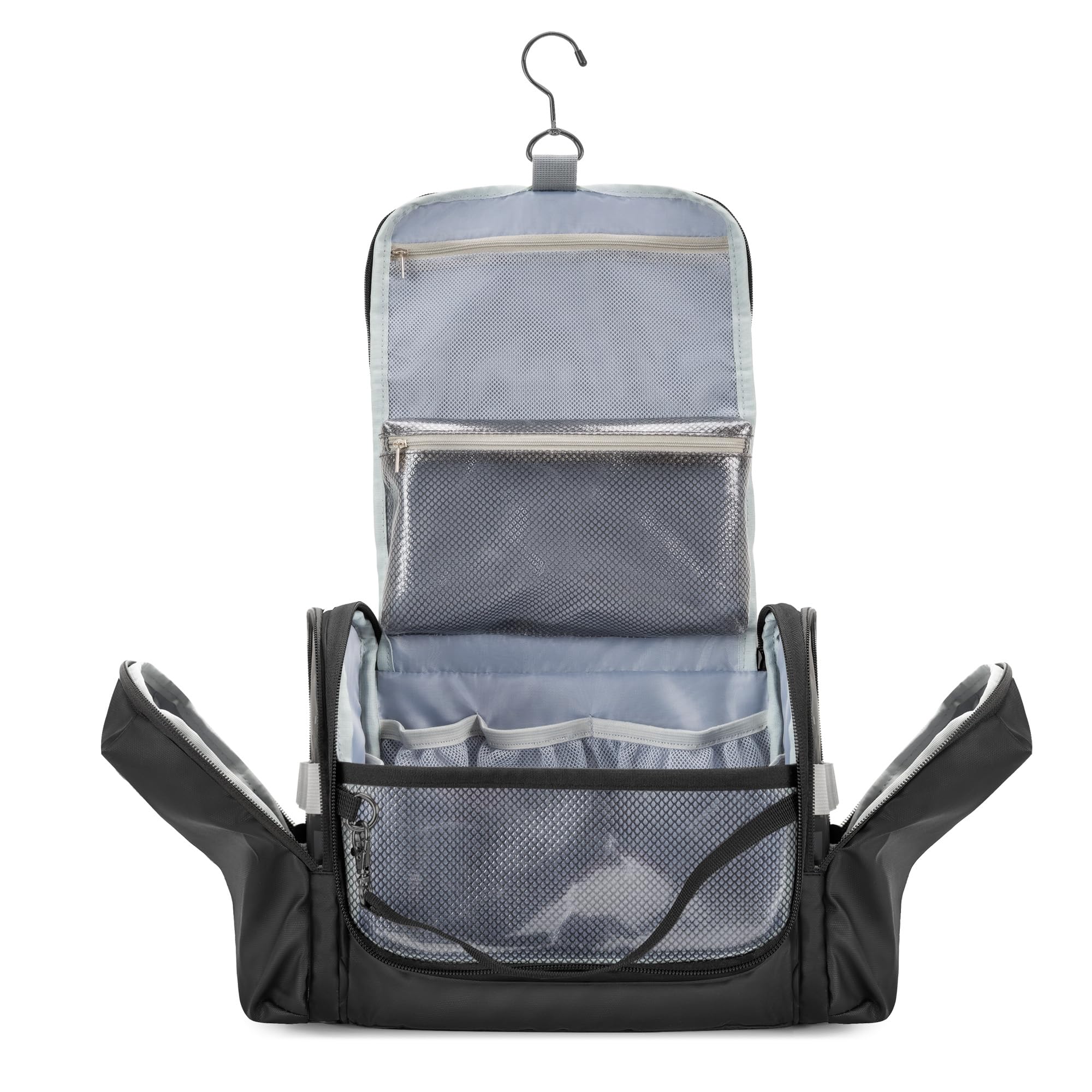 Beauty Case Tattico da Appendere per Campeggio, Nero | Beauty Case da Uomo, Gancio per Appenderlo, Tasca Separata per Asciugamano, Ampio Spazio Laterale